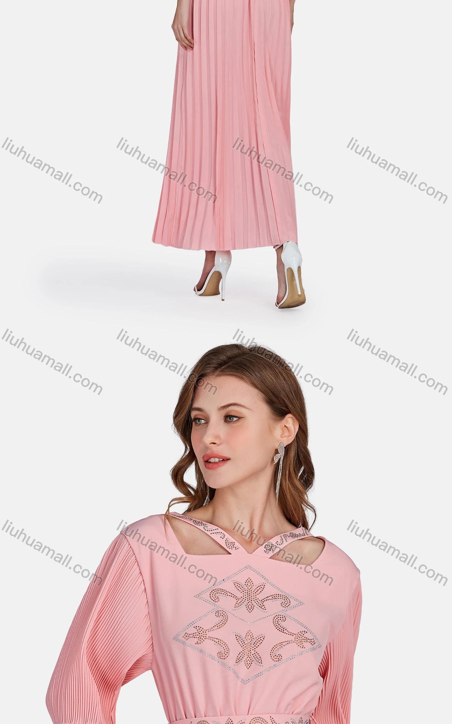 Wholesale Women's Elegant Bell Sleeve Peplum Rhinestone Dress 3412# - Liuhuamall