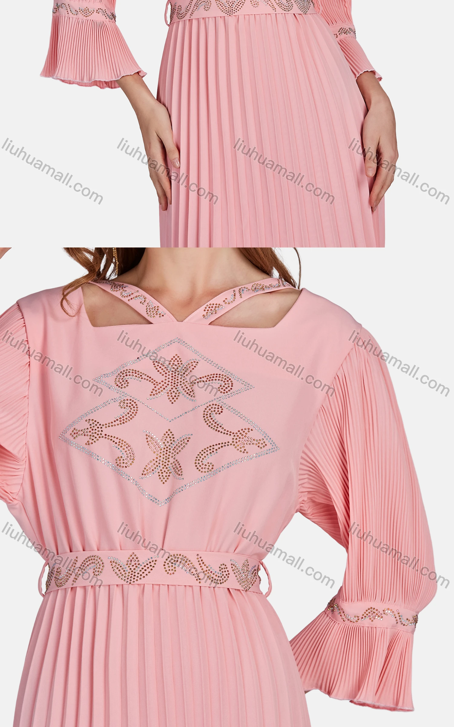 Wholesale Women's Elegant Bell Sleeve Peplum Rhinestone Dress 3412# - Liuhuamall