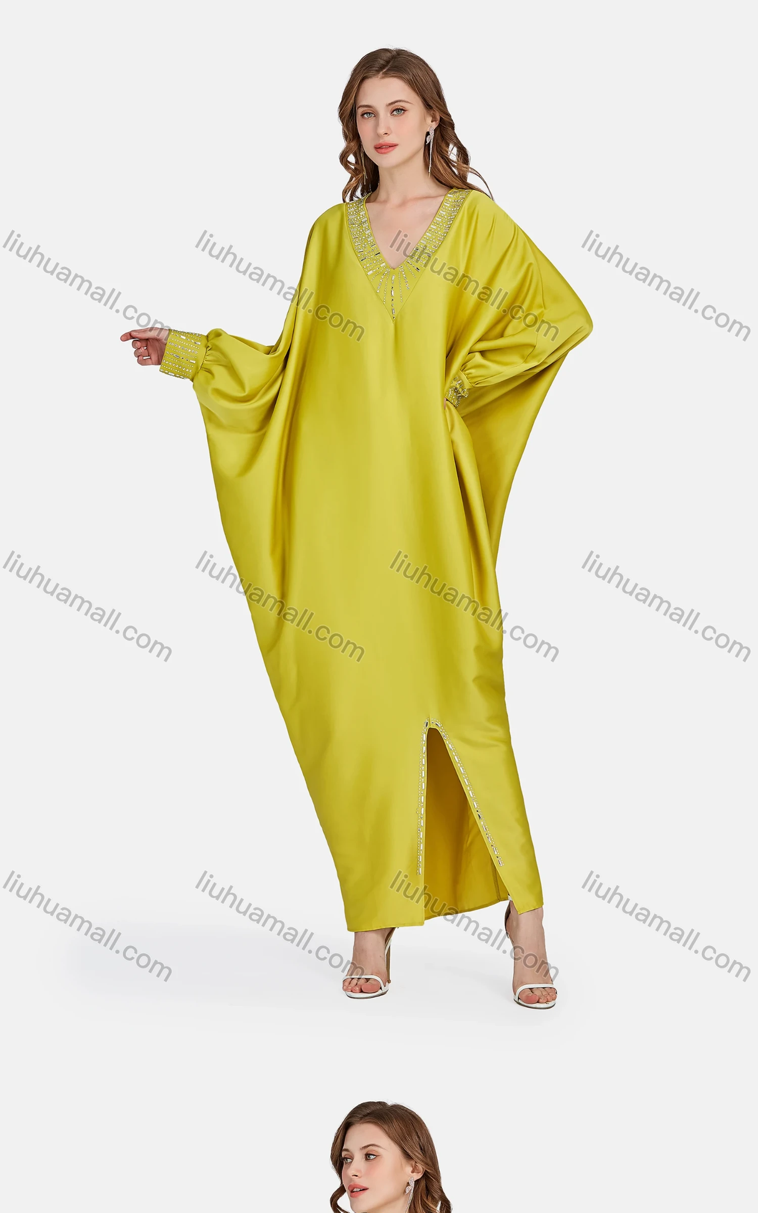 Wholesale Women's Muslim Islamic Bat Sleeve Plain Rhinestone Split Front Kaftan 3400# - Liuhuamall