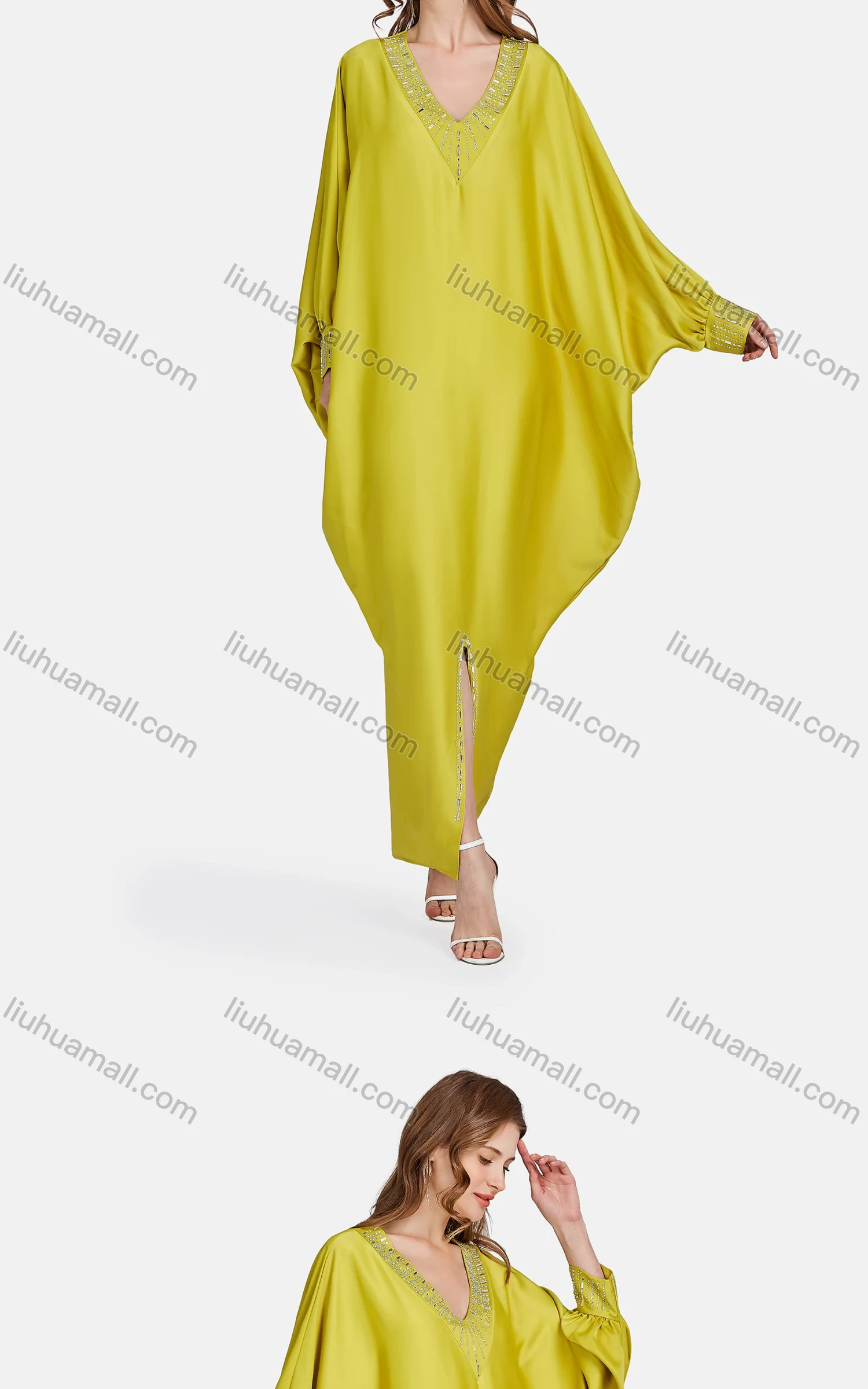 Wholesale Women's Muslim Islamic Bat Sleeve Plain Rhinestone Split Front Kaftan 3400# - Liuhuamall