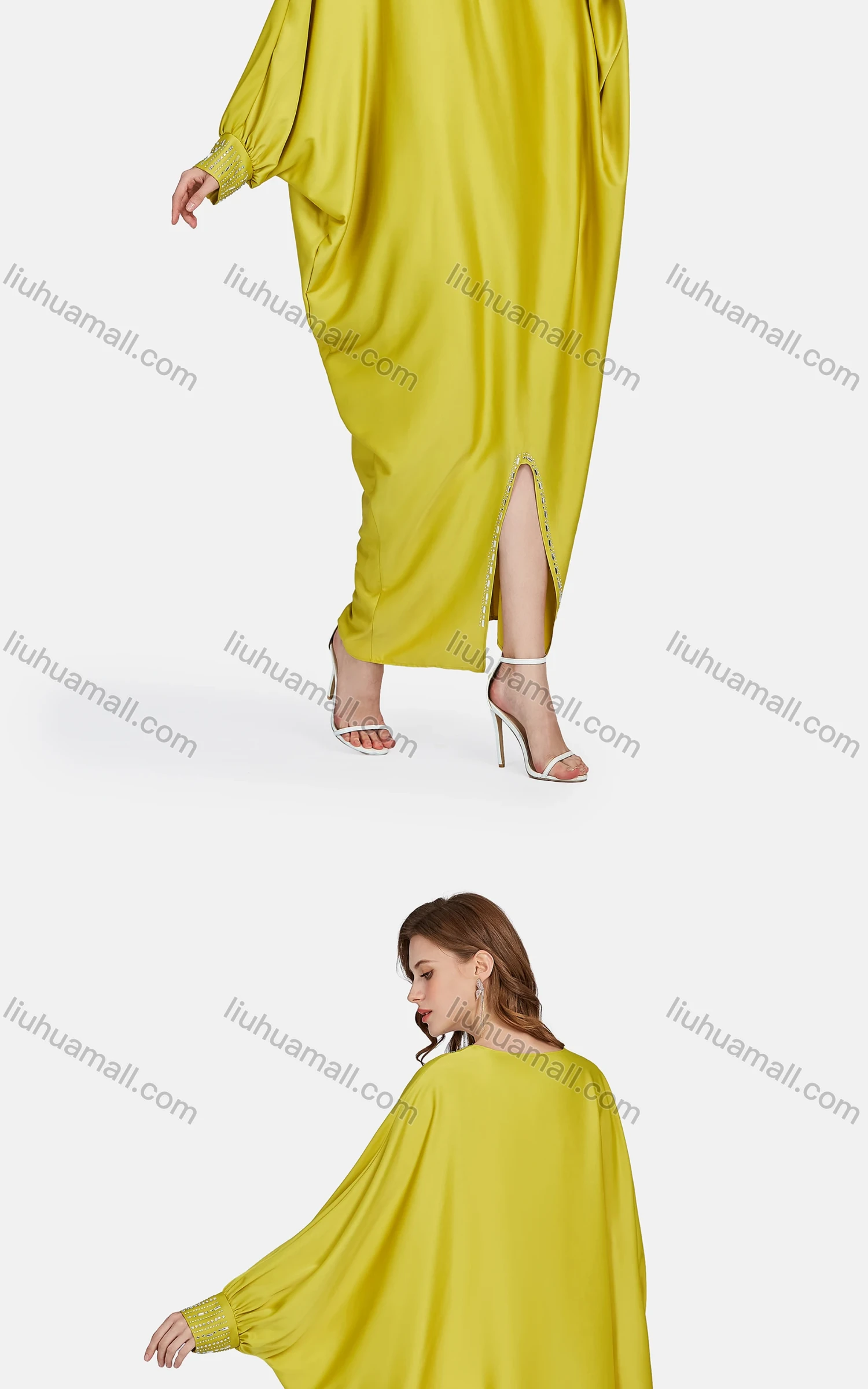 Wholesale Women's Muslim Islamic Bat Sleeve Plain Rhinestone Split Front Kaftan 3400# - Liuhuamall