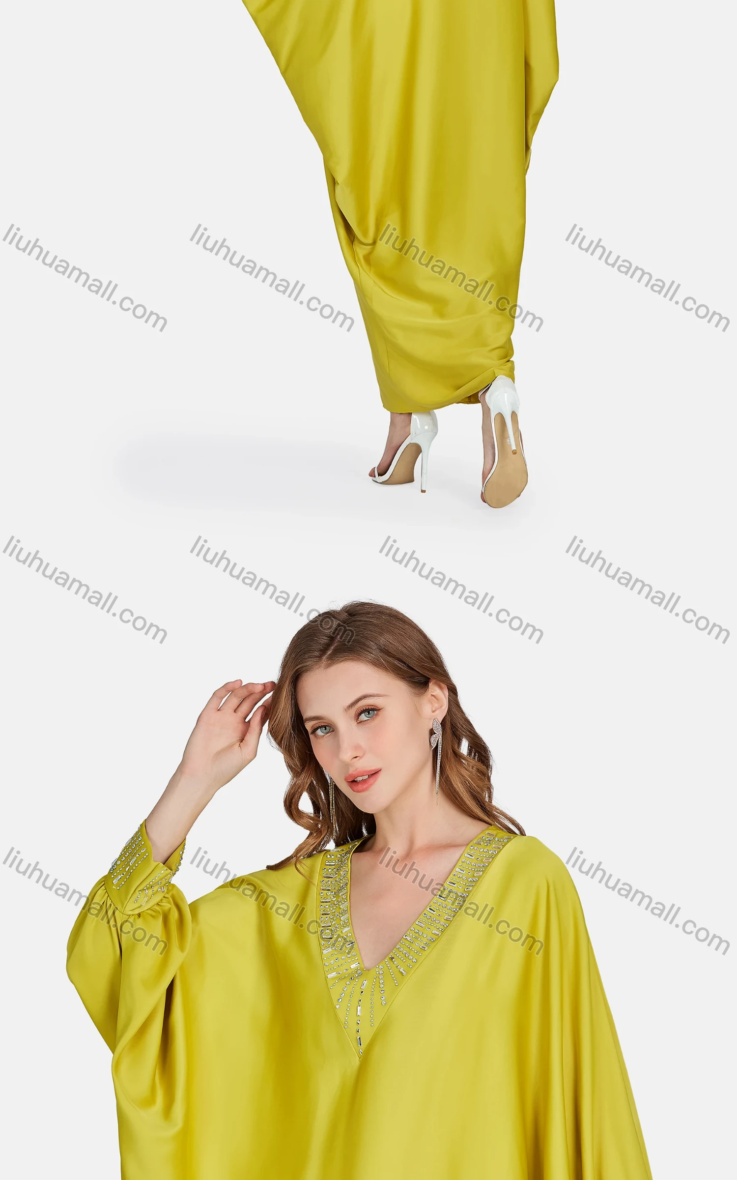 Wholesale Women's Muslim Islamic Bat Sleeve Plain Rhinestone Split Front Kaftan 3400# - Liuhuamall