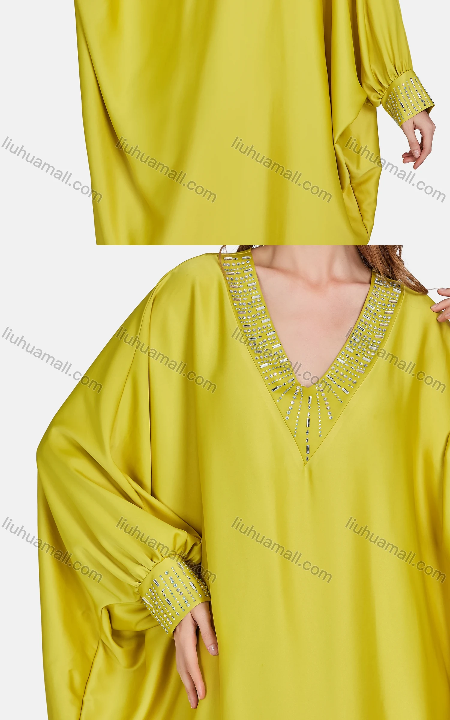 Wholesale Women's Muslim Islamic Bat Sleeve Plain Rhinestone Split Front Kaftan 3400# - Liuhuamall