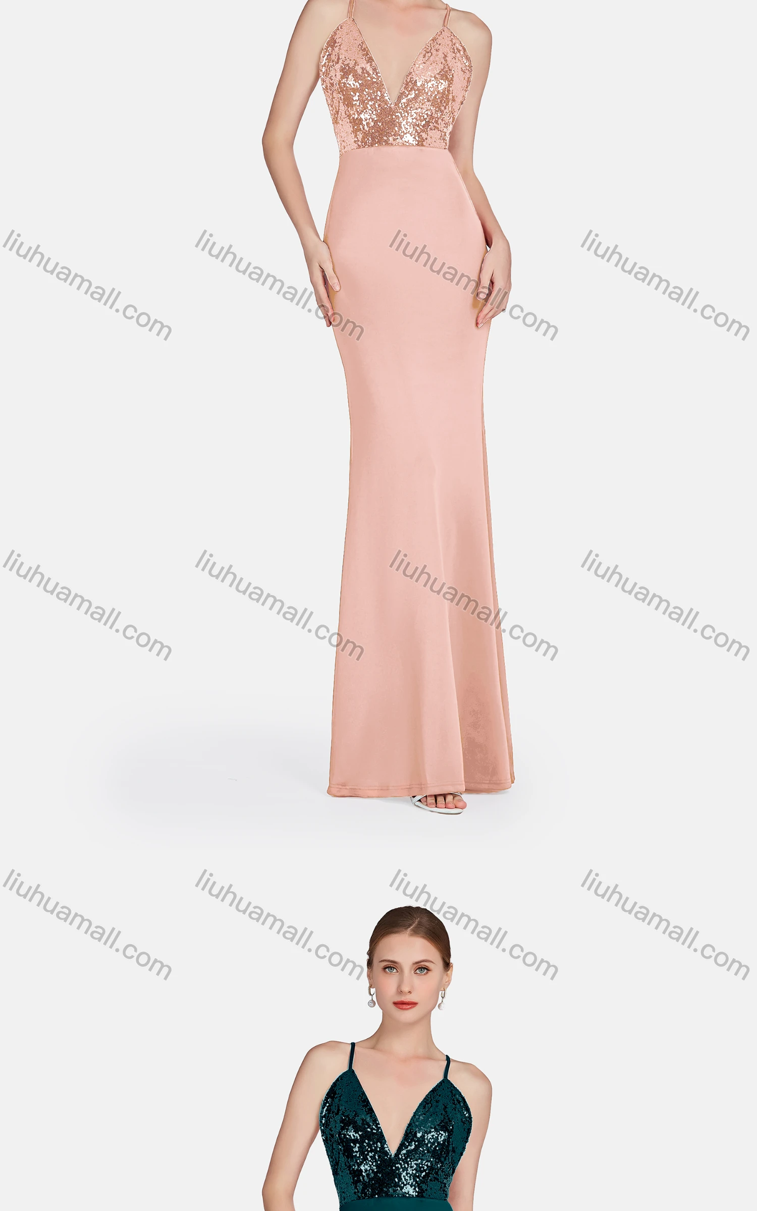 Wholesale Women's Glamorous Spaghetti Strap Sequin Backless Zip Back Evening Dress - Liuhuamall