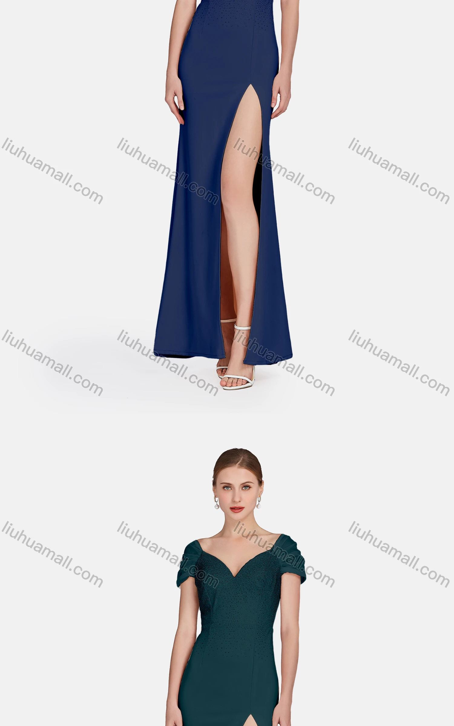 Wholesale Women's Sexy Split Thigh Lace Sleeve Rhinestone Zip Back Evening Dress - Liuhuamall