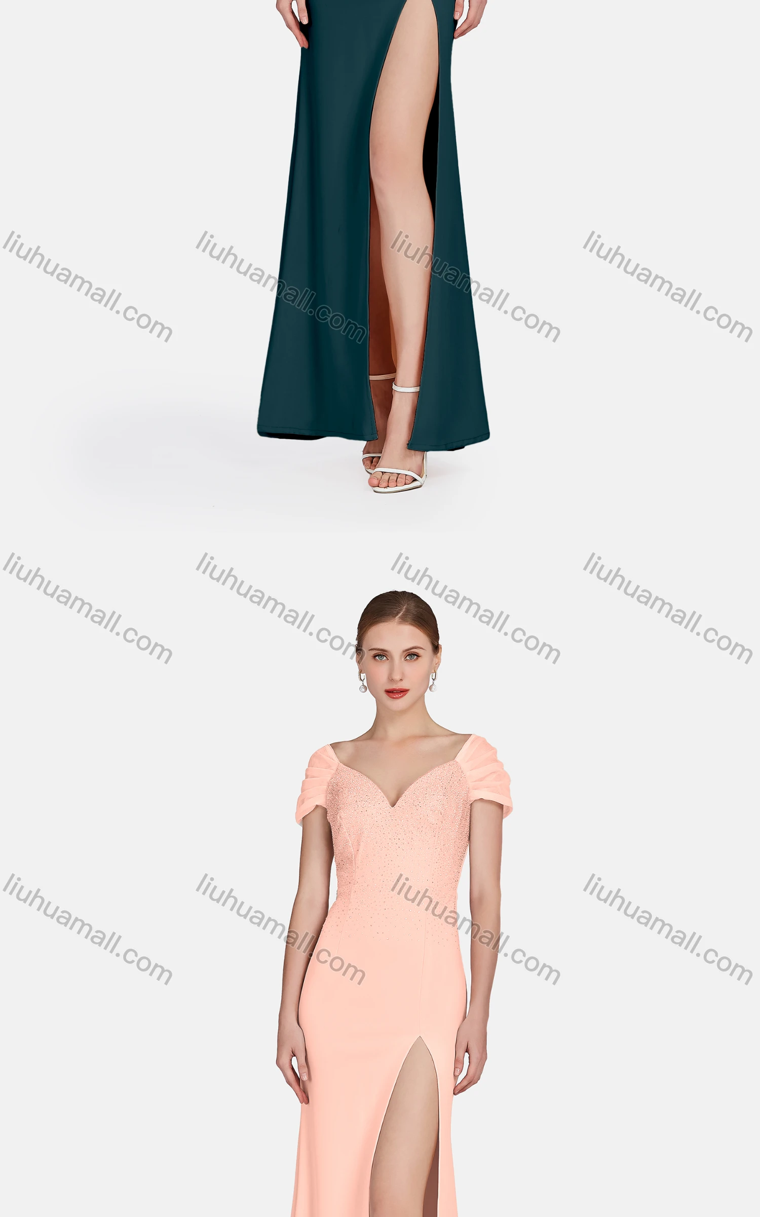 Wholesale Women's Sexy Split Thigh Lace Sleeve Rhinestone Zip Back Evening Dress - Liuhuamall