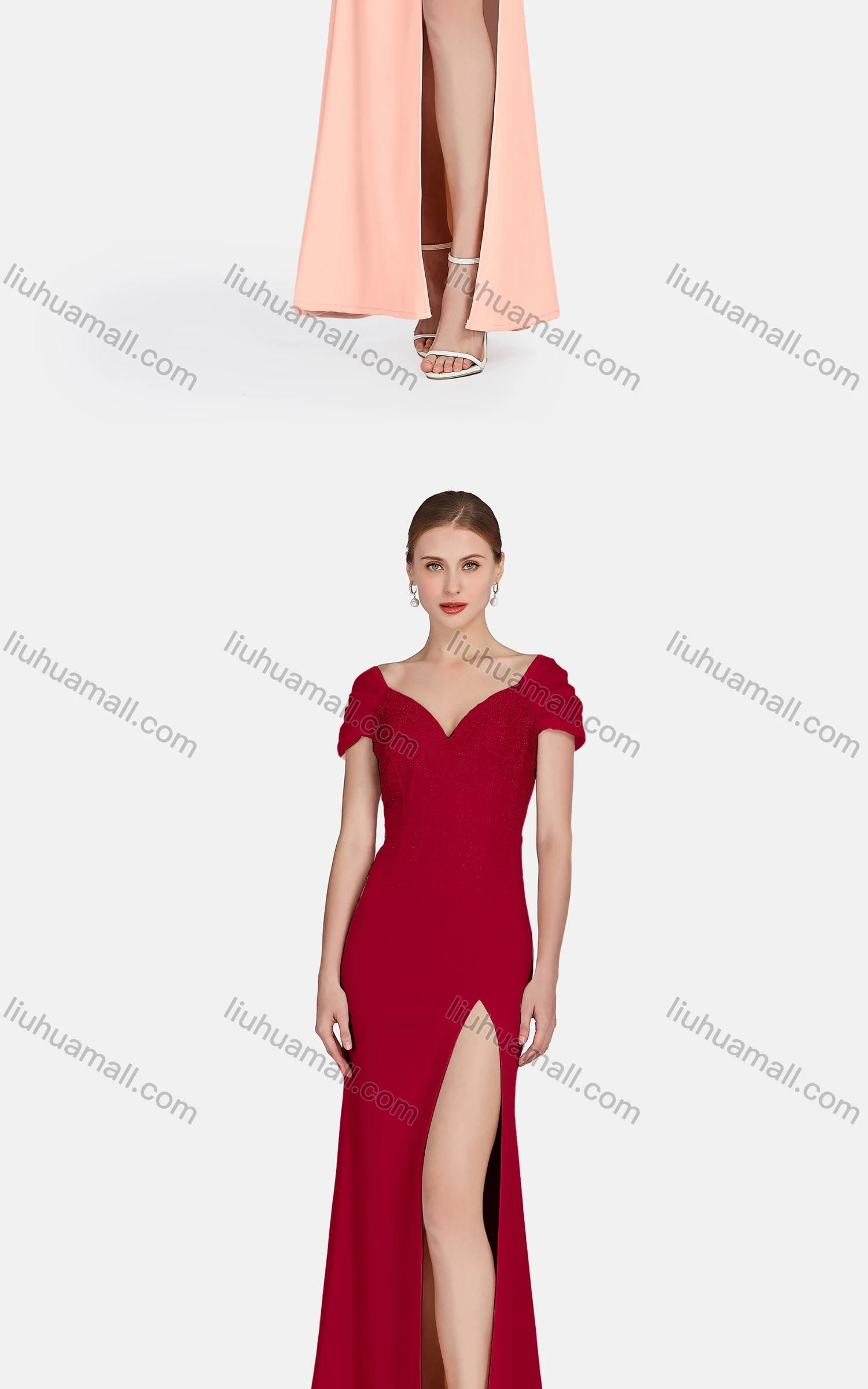 Wholesale Women's Sexy Split Thigh Lace Sleeve Rhinestone Zip Back Evening Dress - Liuhuamall