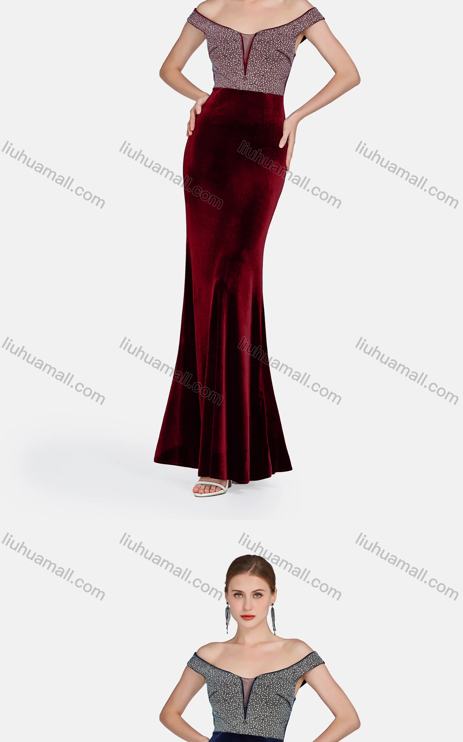 Wholesale Women's Glamorous Off Shoulder Lace Stiching Color Maxi Evening Dress - Liuhuamall