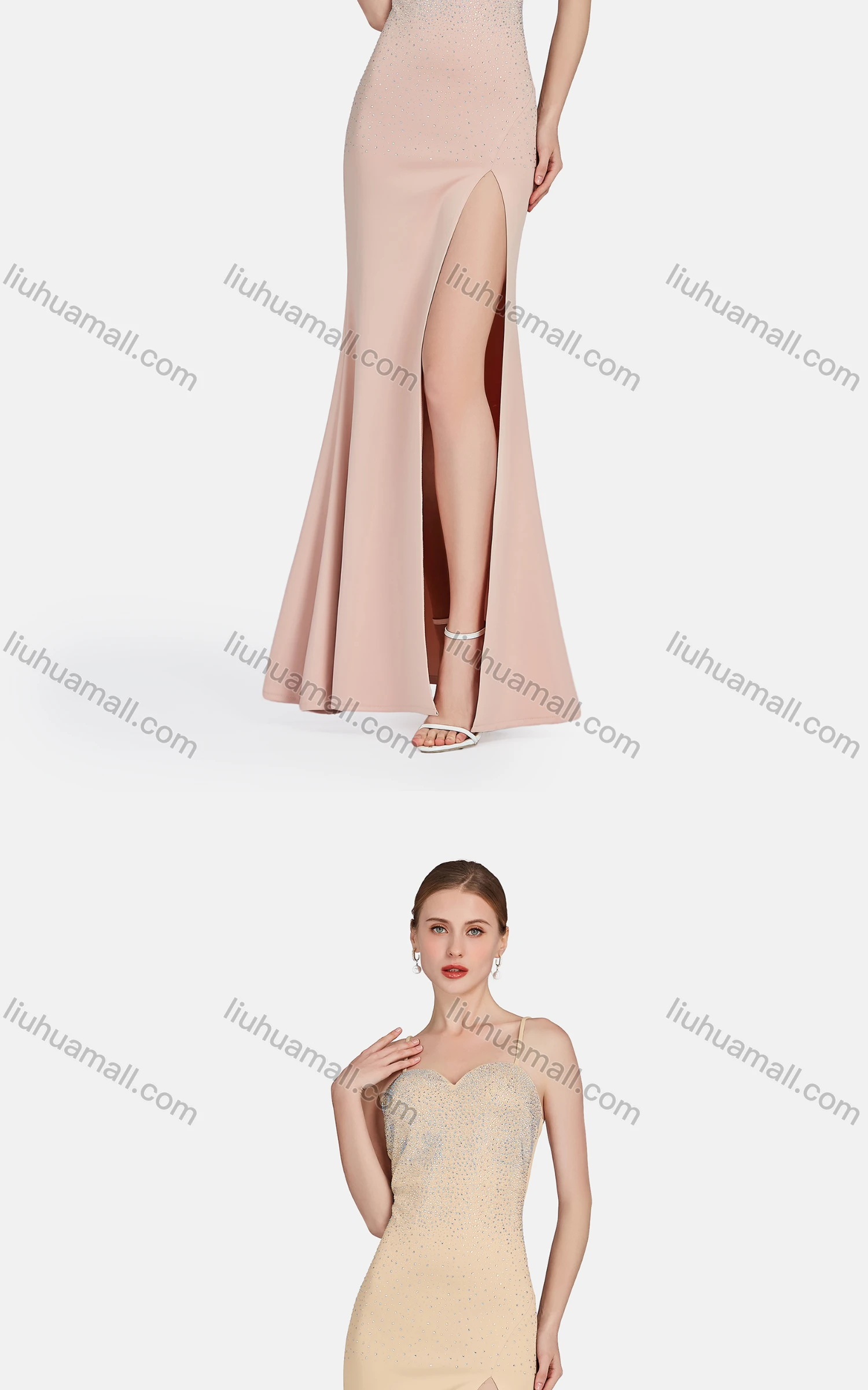 Wholesale Women's Sexy Spaghetti Strap Split Thigh Rhinestone Plain Maxi Evening Dress - Liuhuamall