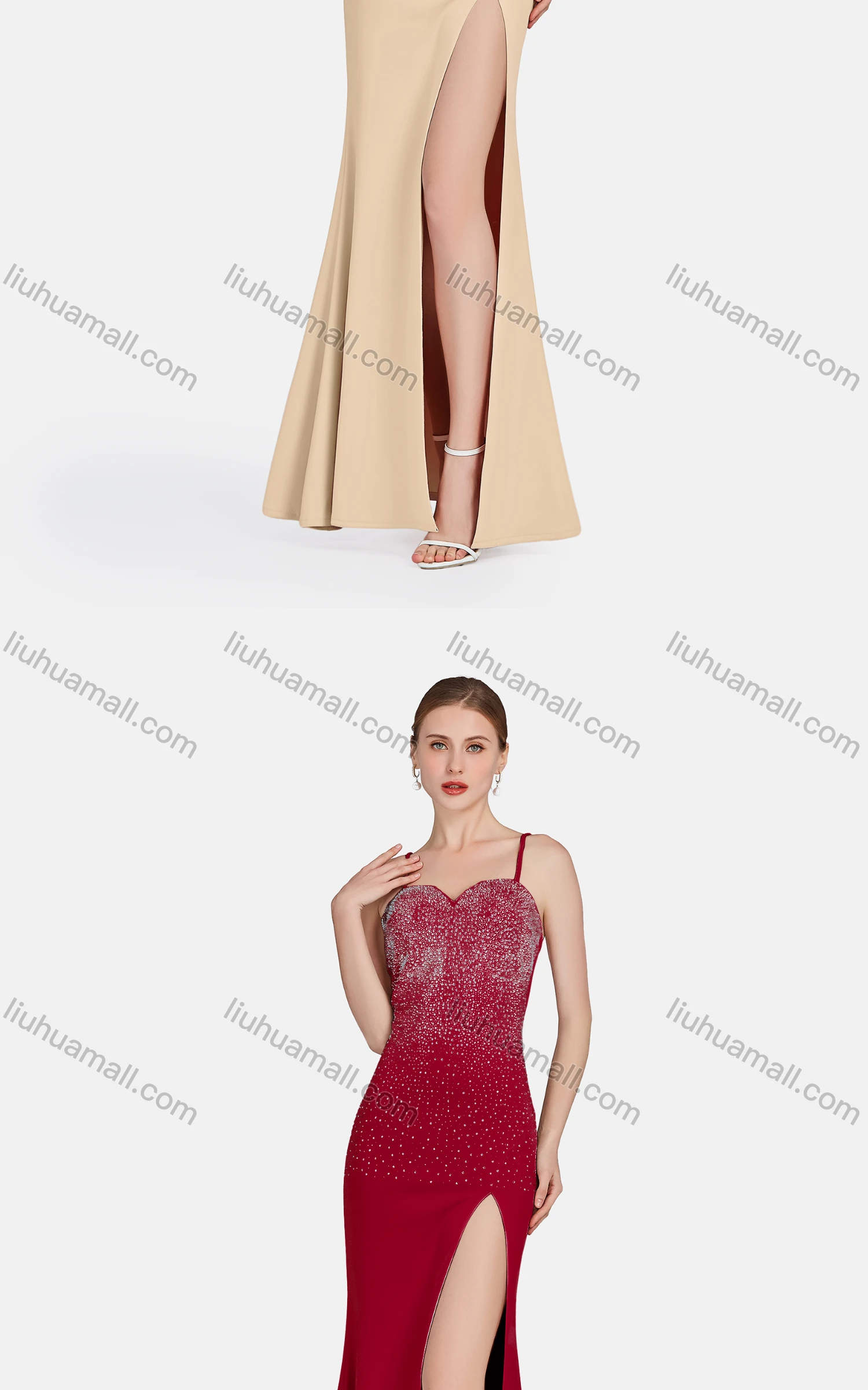 Wholesale Women's Sexy Spaghetti Strap Split Thigh Rhinestone Plain Maxi Evening Dress - Liuhuamall