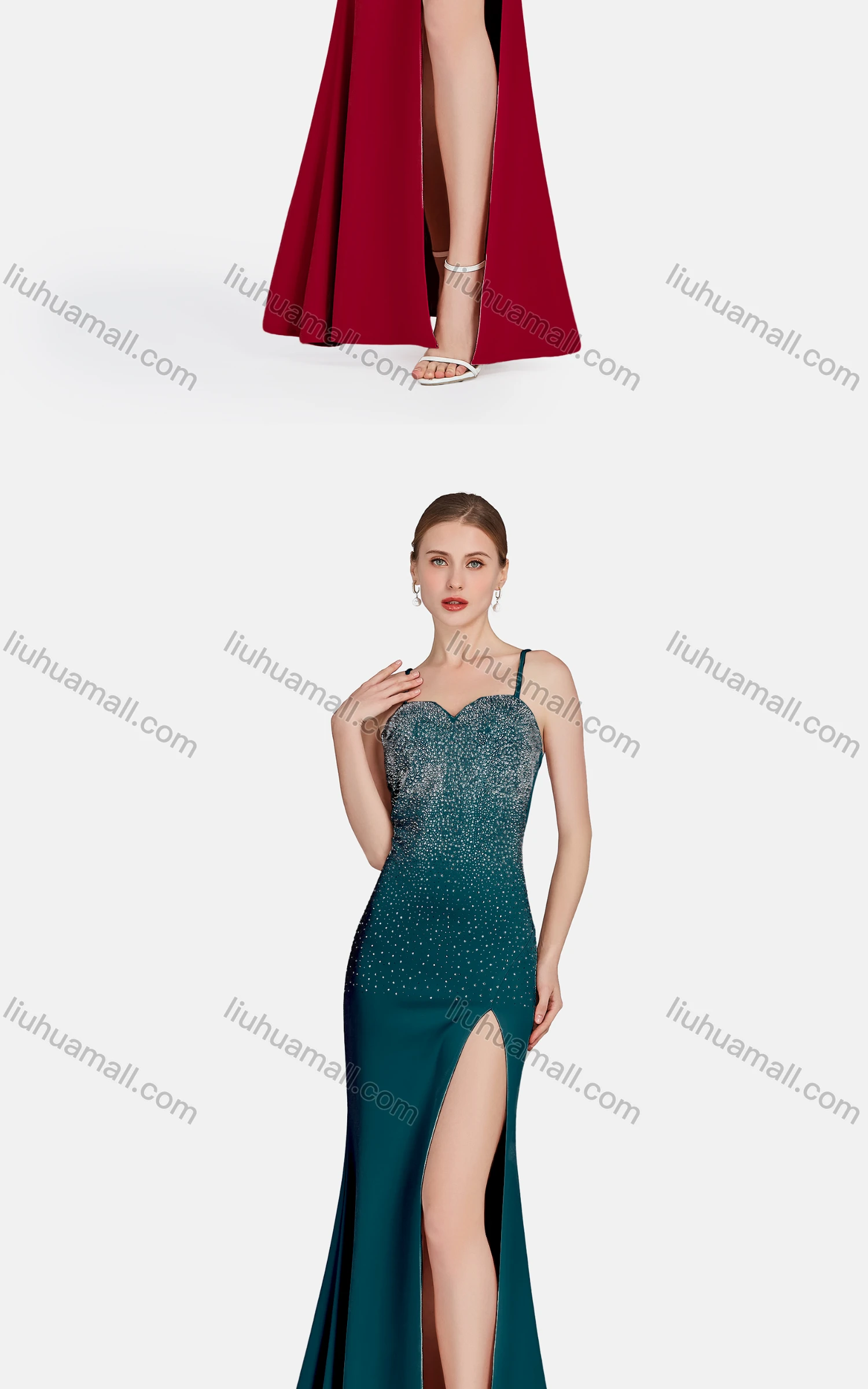 Wholesale Women's Sexy Spaghetti Strap Split Thigh Rhinestone Plain Maxi Evening Dress - Liuhuamall