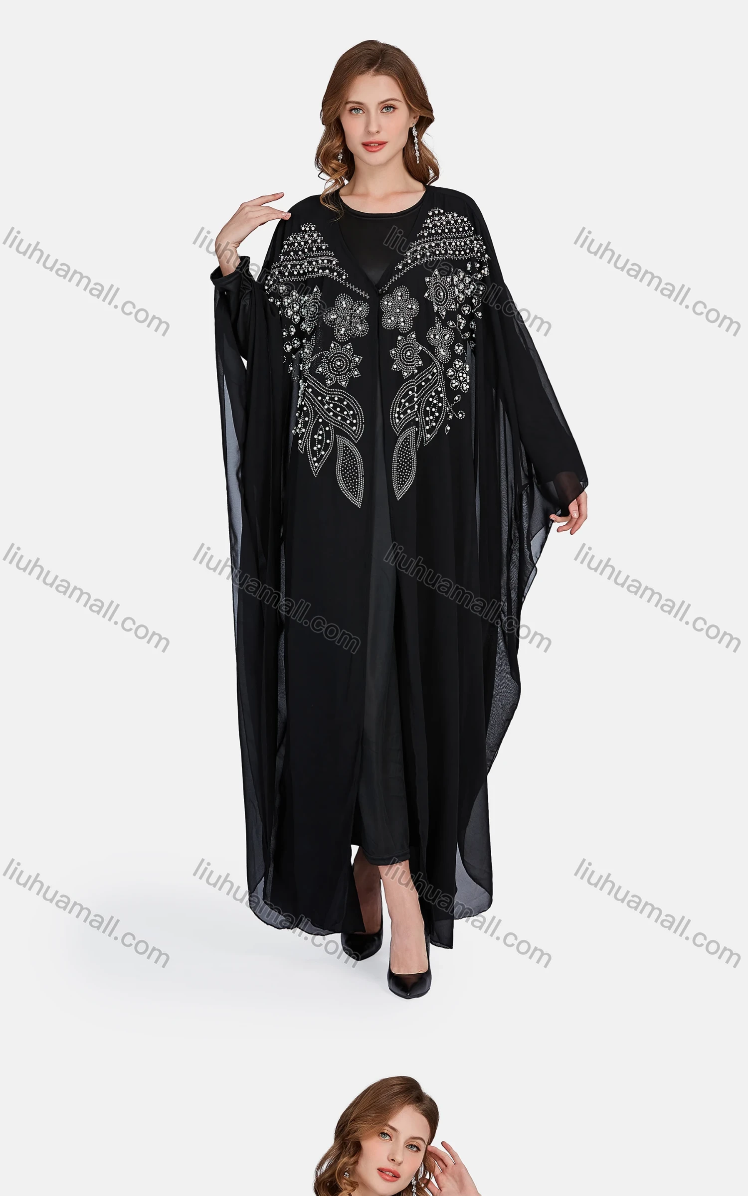 Wholesale Women's Muslim Islamic Rhinestone Pearl Decor Maxi Kaftan & Dress 2-piece Set - Liuhuamall