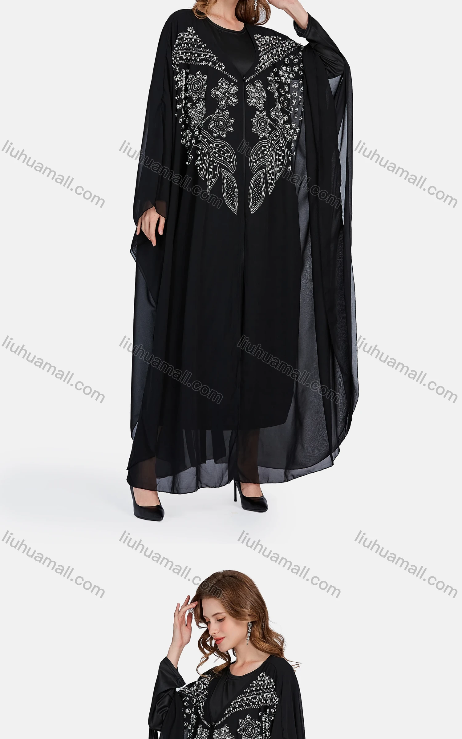 Wholesale Women's Muslim Islamic Rhinestone Pearl Decor Maxi Kaftan & Dress 2-piece Set - Liuhuamall
