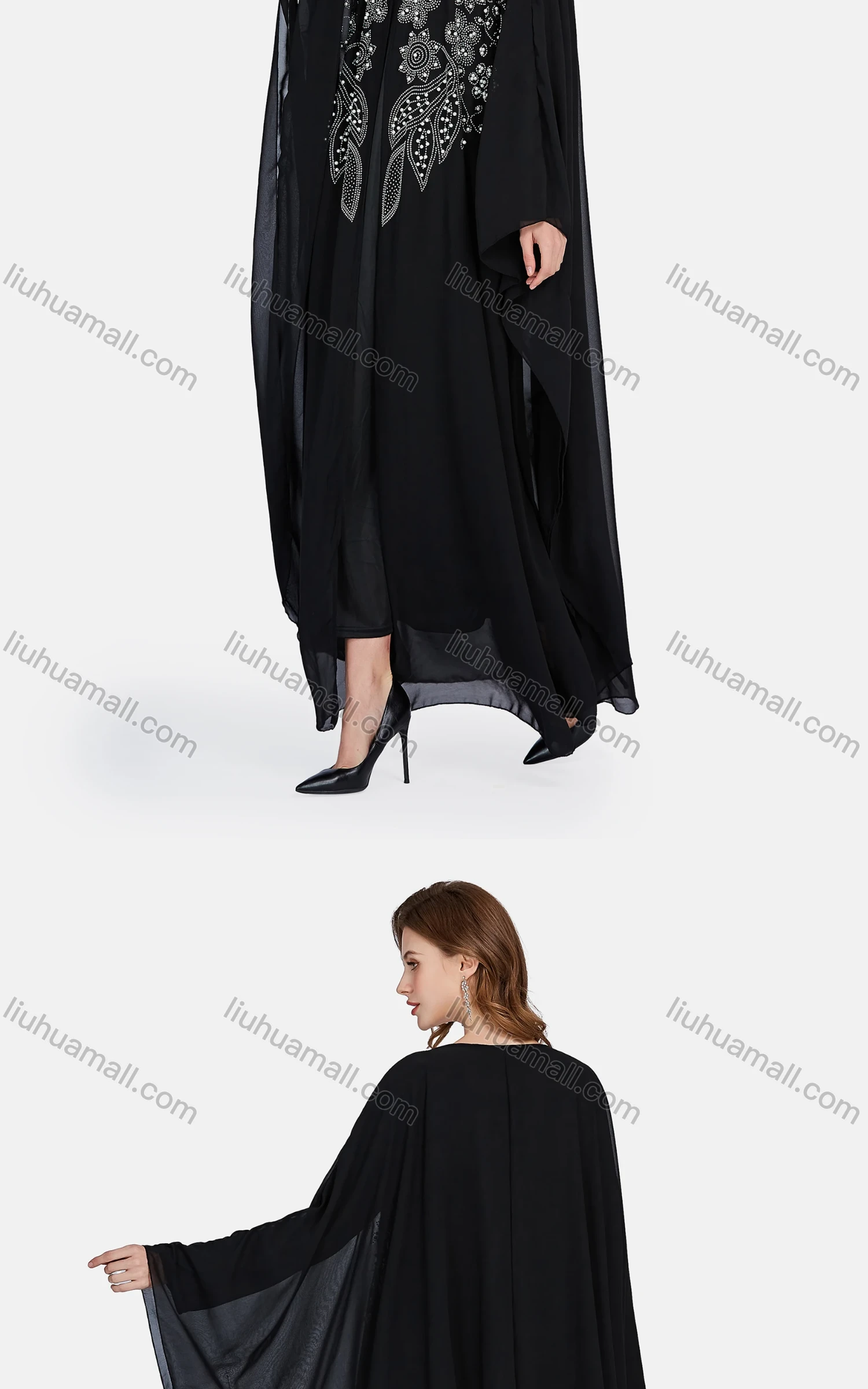 Wholesale Women's Muslim Islamic Rhinestone Pearl Decor Maxi Kaftan & Dress 2-piece Set - Liuhuamall