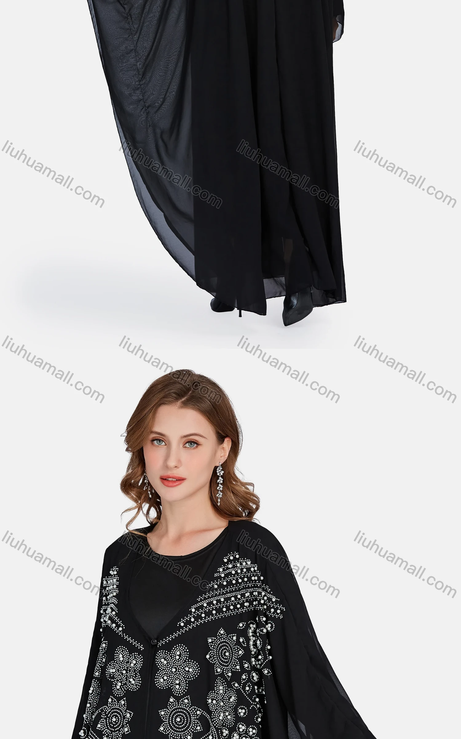 Wholesale Women's Muslim Islamic Rhinestone Pearl Decor Maxi Kaftan & Dress 2-piece Set - Liuhuamall