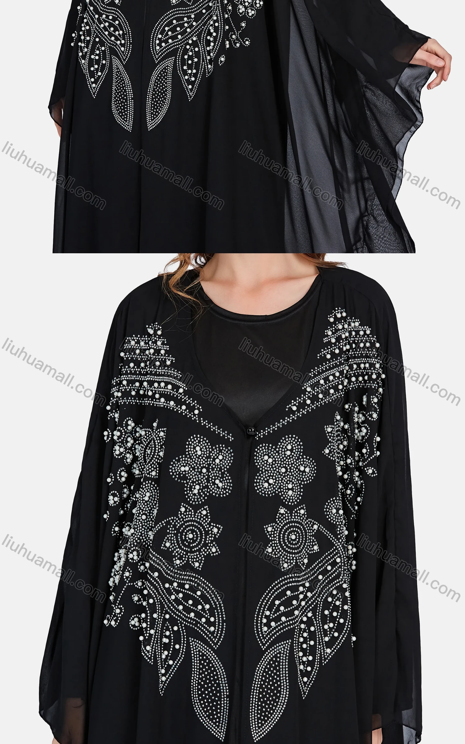 Wholesale Women's Muslim Islamic Rhinestone Pearl Decor Maxi Kaftan & Dress 2-piece Set - Liuhuamall