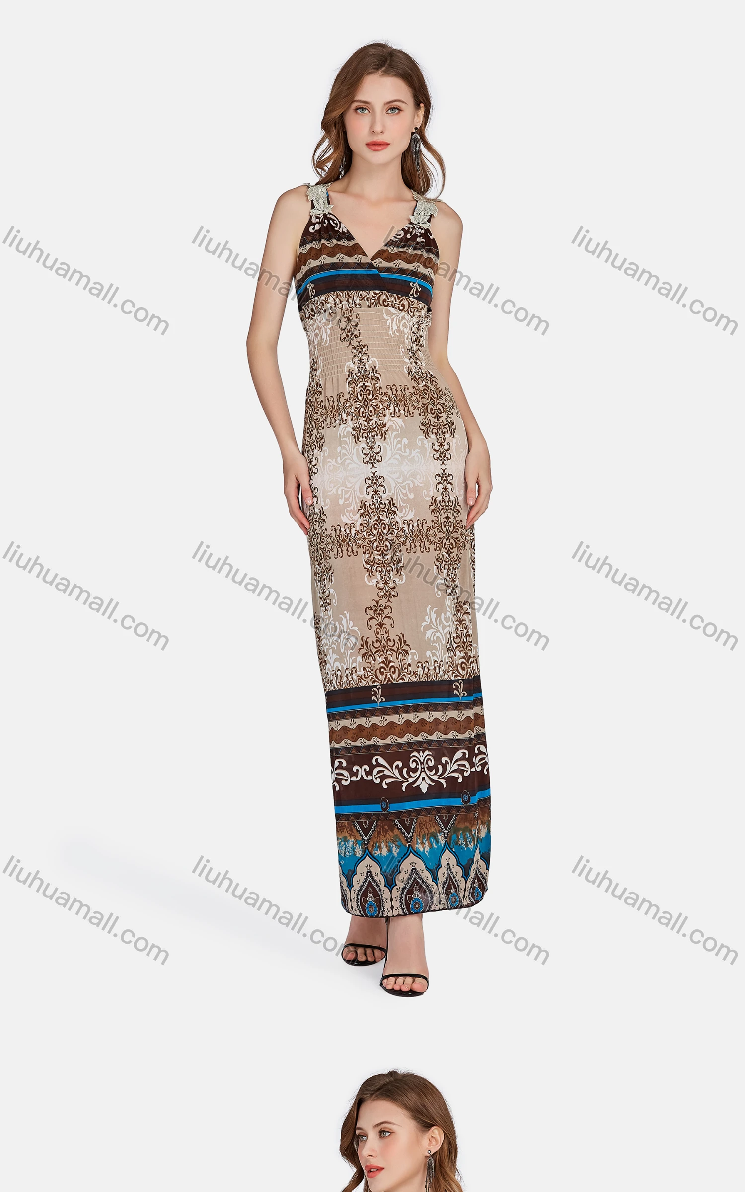 Wholesale Women's Casual Folk Art High Waist Embroidered Maxi Tank Dress - Liuhuamall