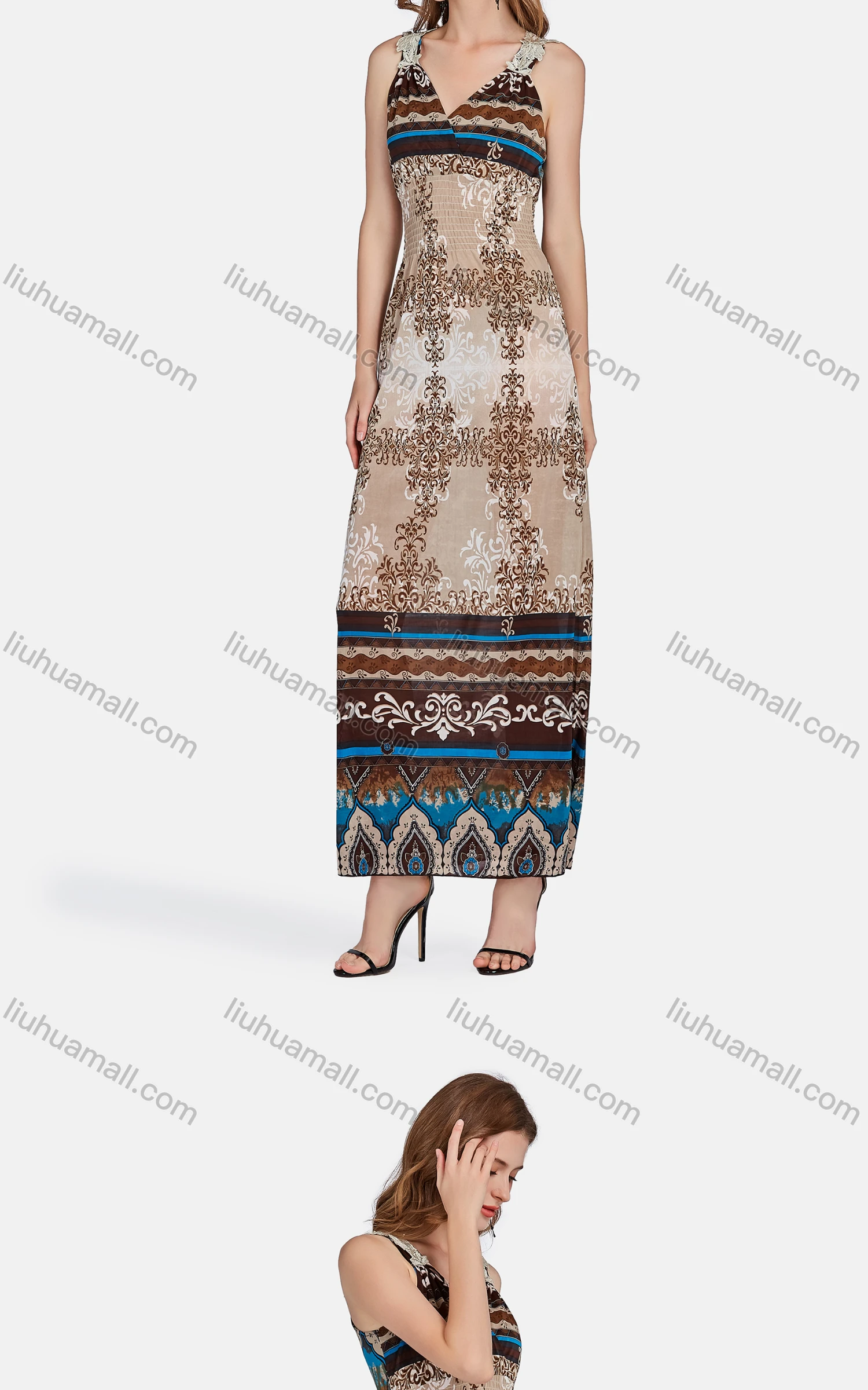 Wholesale Women's Casual Folk Art High Waist Embroidered Maxi Tank Dress - Liuhuamall