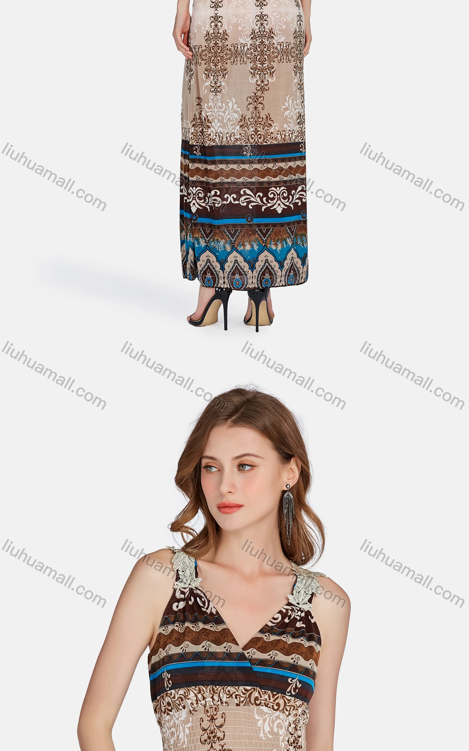 Wholesale Women's Casual Folk Art High Waist Embroidered Maxi Tank Dress - Liuhuamall