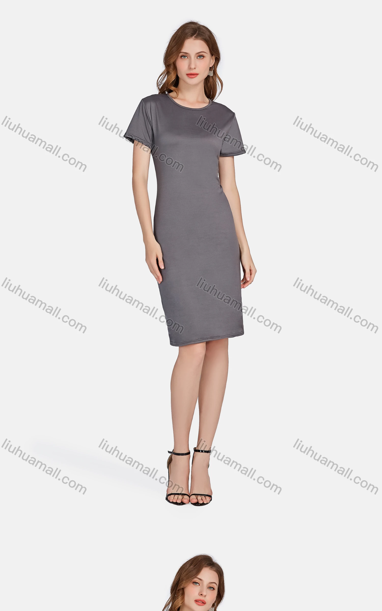 Wholesale Women's Casual Plain Crew Neck Short Sleeve High Waist Tee Dress - Liuhuamall