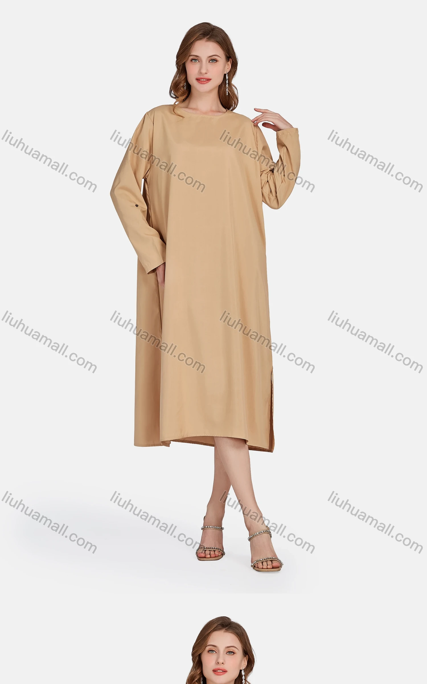 Wholesale Women's Casual Plain Crew Neck Long Sleeve Split Side Loose Fit Dress - Liuhuamall