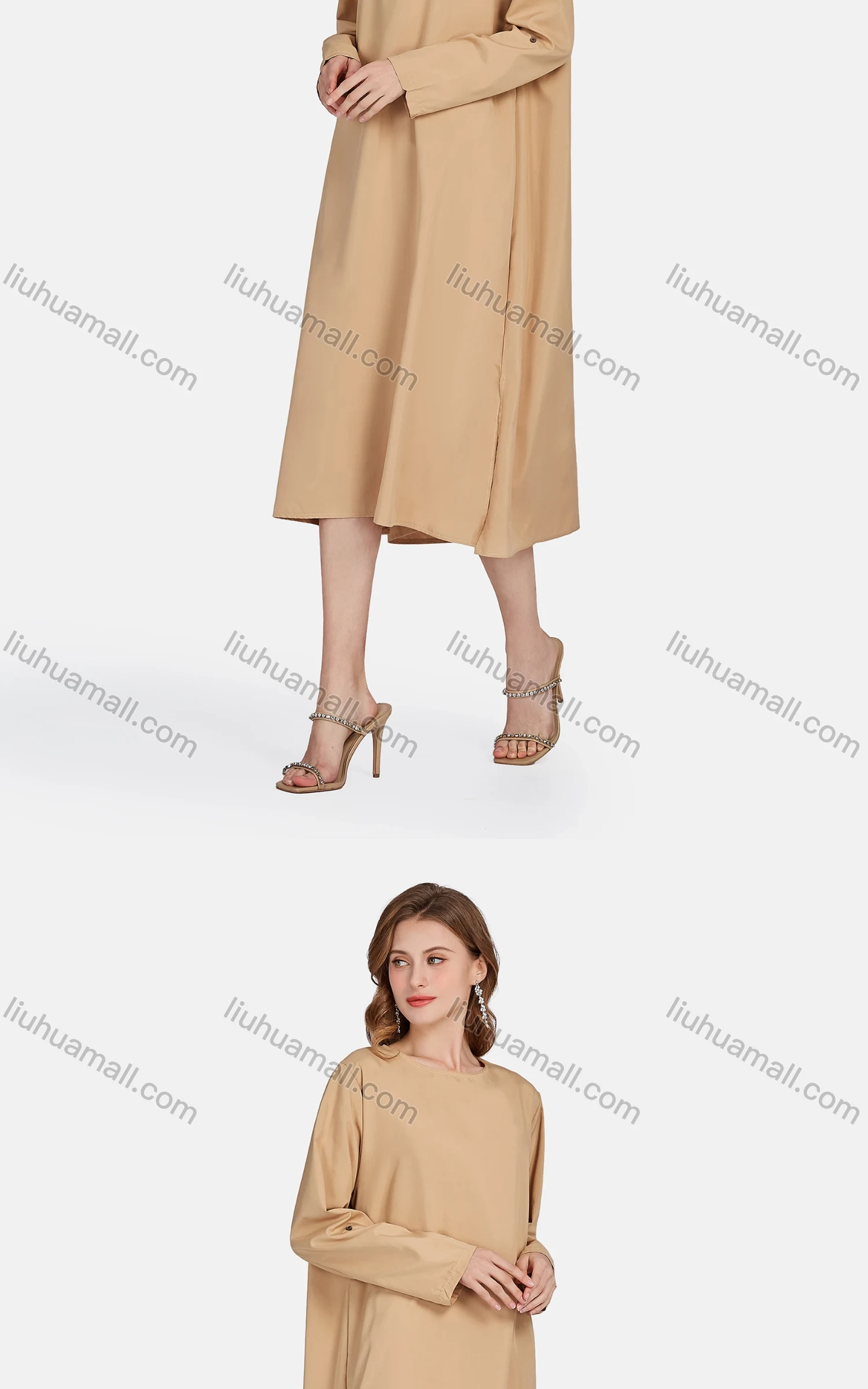 Wholesale Women's Casual Plain Crew Neck Long Sleeve Split Side Loose Fit Dress - Liuhuamall