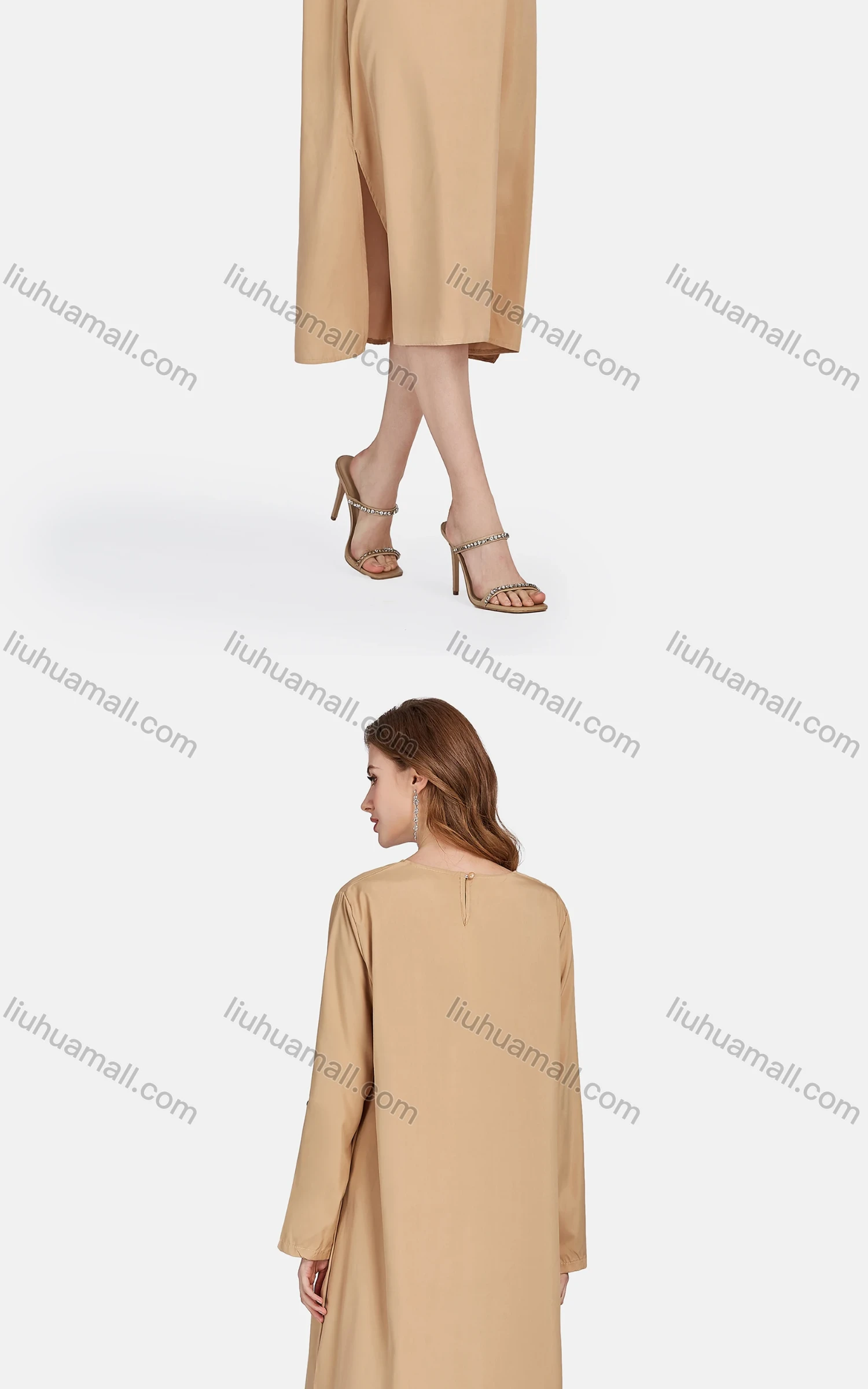 Wholesale Women's Casual Plain Crew Neck Long Sleeve Split Side Loose Fit Dress - Liuhuamall