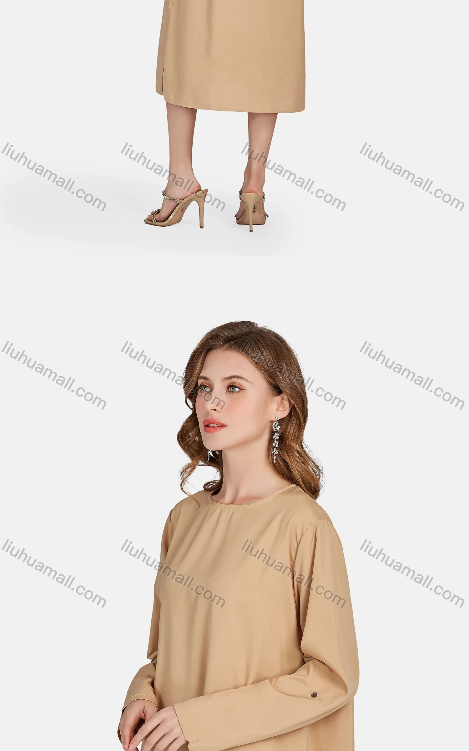 Wholesale Women's Casual Plain Crew Neck Long Sleeve Split Side Loose Fit Dress - Liuhuamall