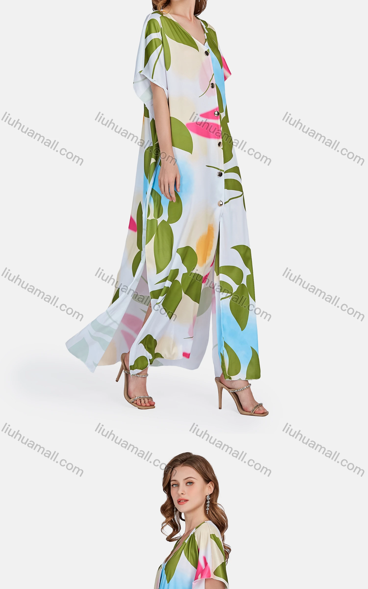 Wholesale Women's Casual Leaf V Neck Short Sleeve Button Down Maxi Dress - Liuhuamall