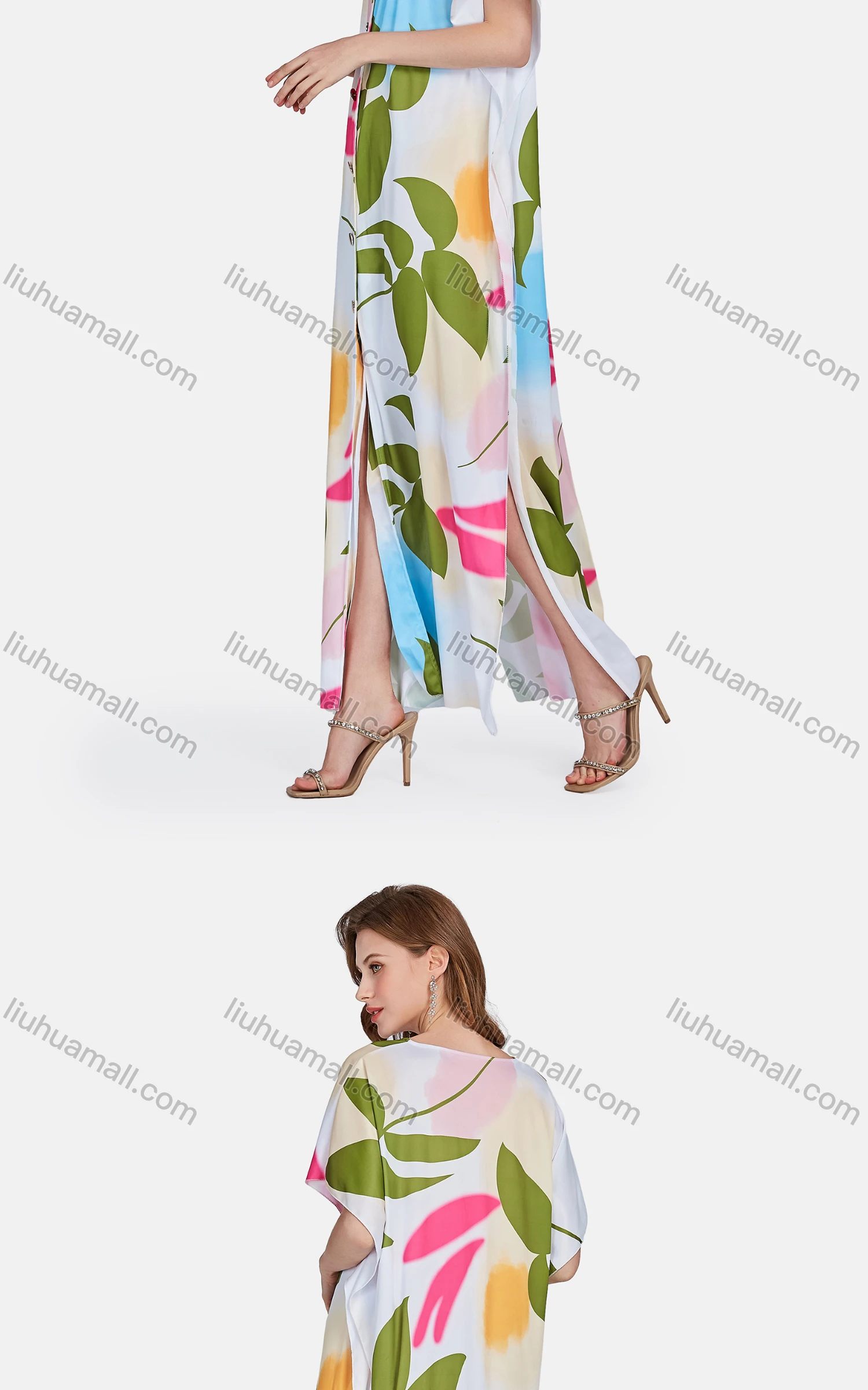 Wholesale Women's Casual Leaf V Neck Short Sleeve Button Down Maxi Dress - Liuhuamall