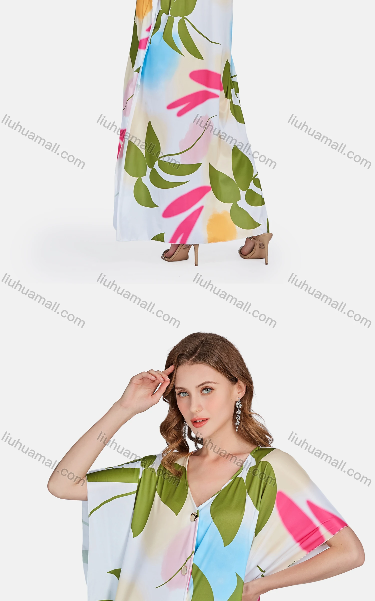 Wholesale Women's Casual Leaf V Neck Short Sleeve Button Down Maxi Dress - Liuhuamall