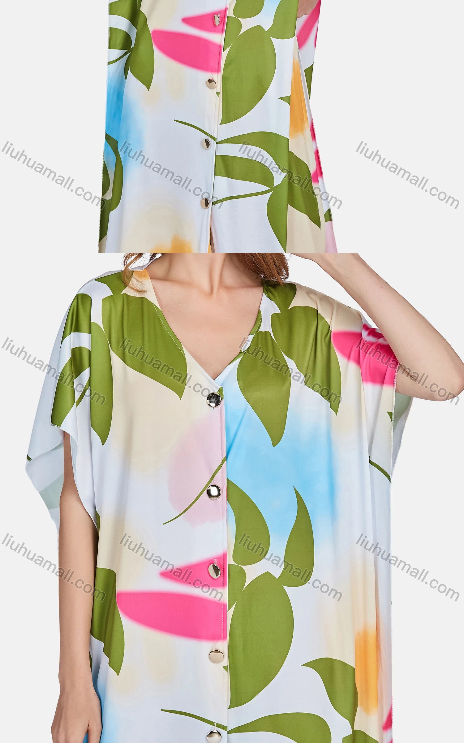 Wholesale Women's Casual Leaf V Neck Short Sleeve Button Down Maxi Dress - Liuhuamall