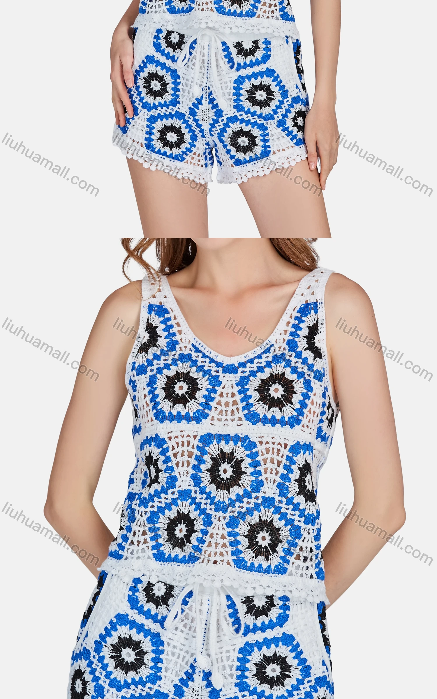 Wholesale Women's Vacation Lace Up Hollow Out Geo Tank Top Cover Up 2 Piece Set 005# - Liuhuamall