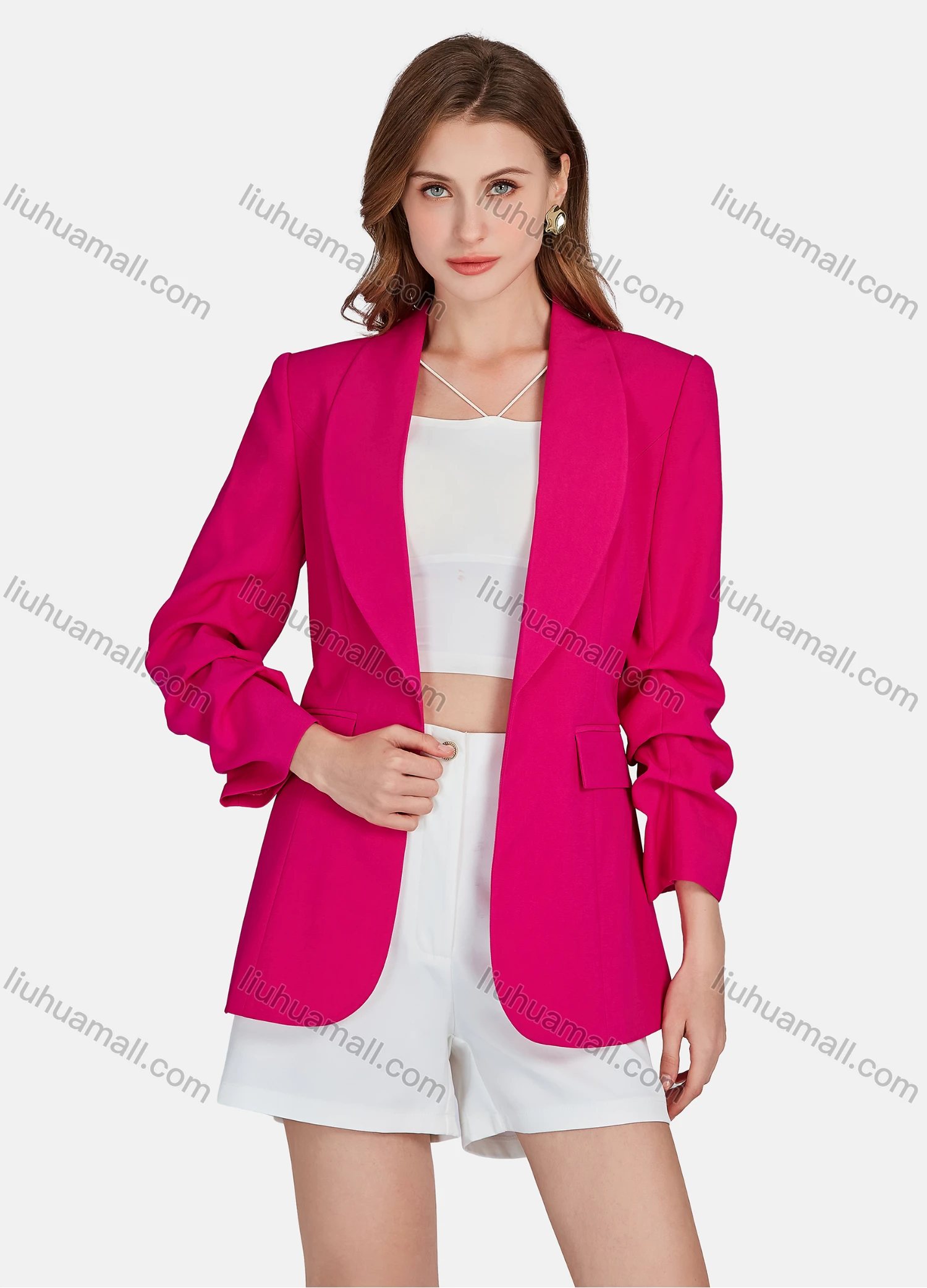 Wholesale Women's Plain Lapel Long Sleeve Suit Balzer & High Waist Short 2 Piece Business Set - Liuhuamall