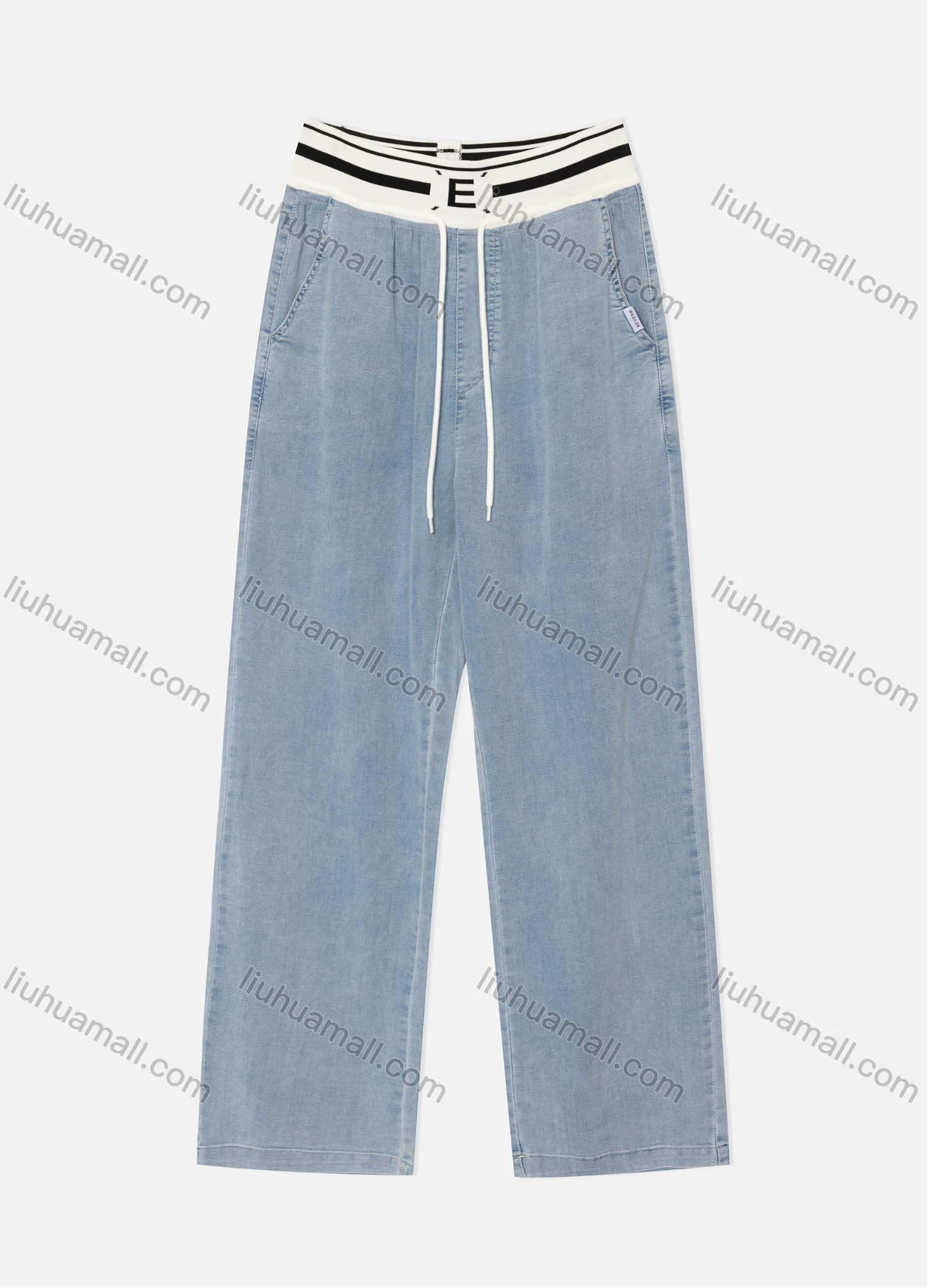 Wholesale Women's Casual Striped Elastic Waist Drawstring Ankle Length Wide Leg Jeans 9616# - Liuhuamall