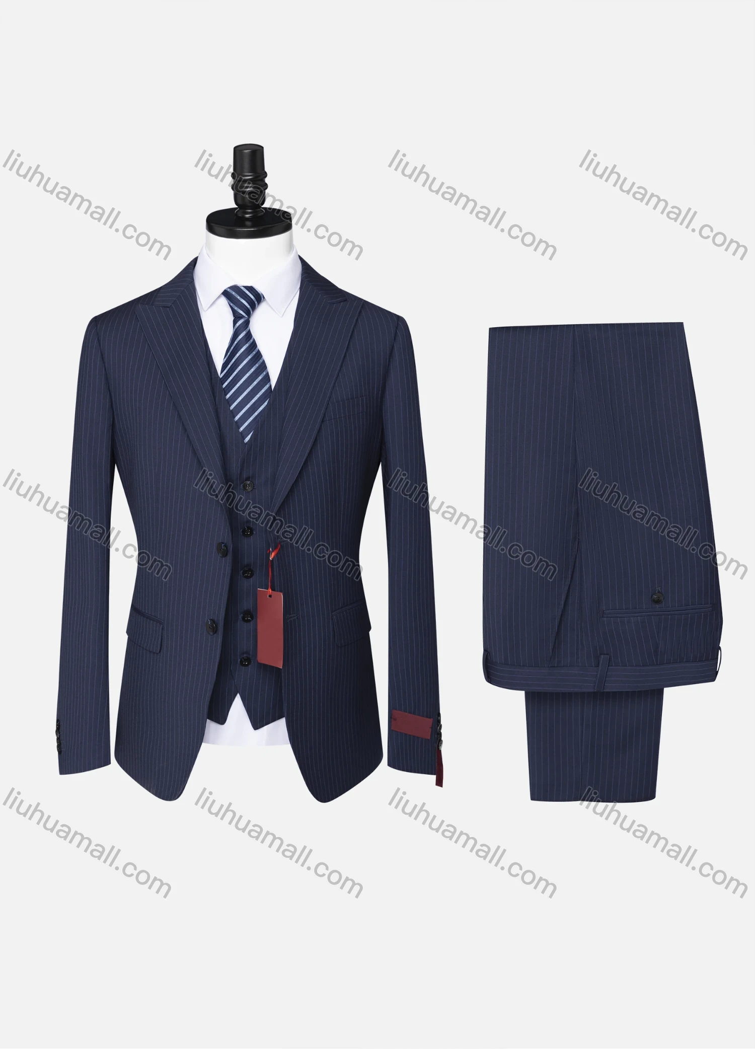 Wholesale Men's Formal Business Lapel Striped Two Button Blazer Jacket & Single Breasted Waistcoat & Pants 3 Piece Suit Set - Liuhuamall
