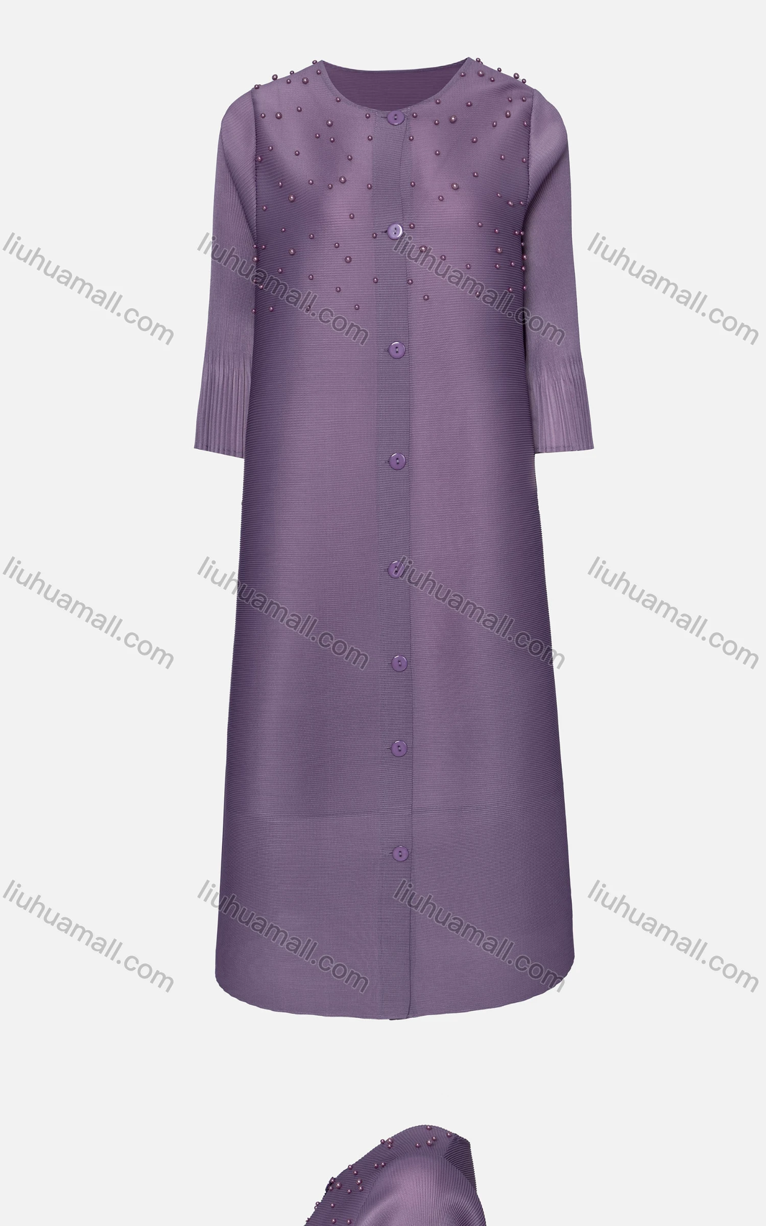 Wholesale Women's Elegant Crew Neck 3/4 Sleeve Pearl Decor Button Down Dress 22013# - Liuhuamall