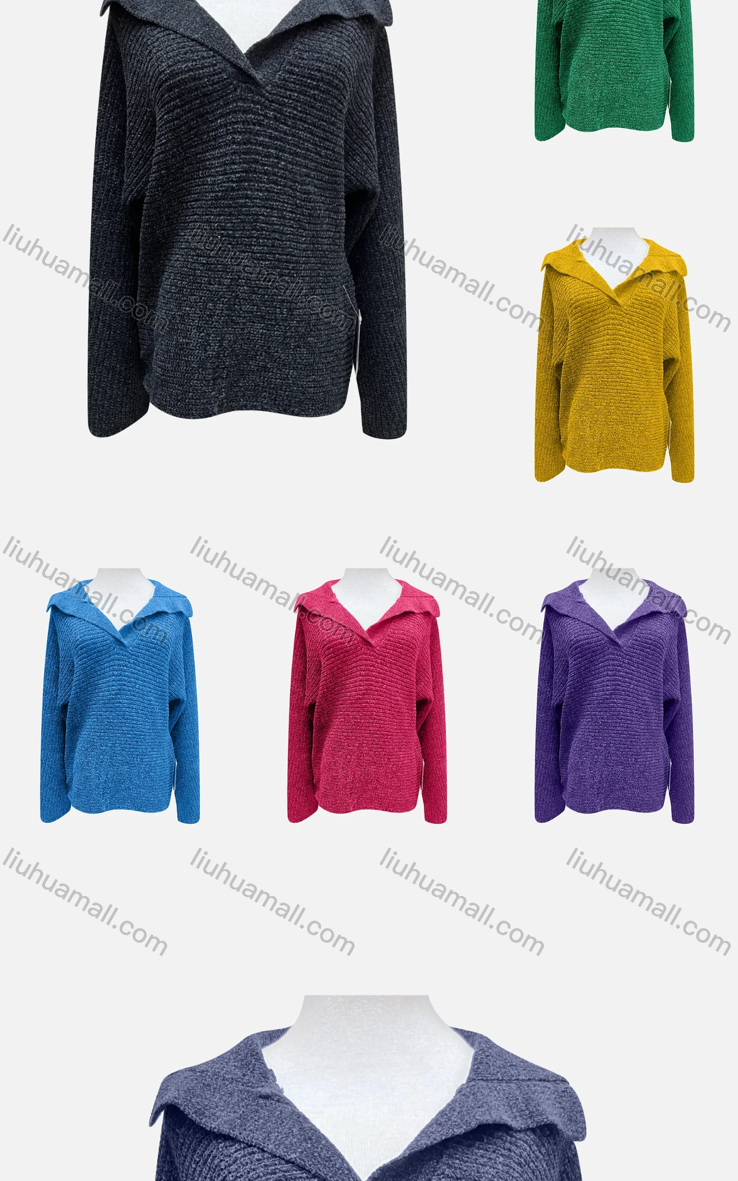 Wholesale Women's Casual Collared Long Sleeve Plain Rib Knit Sweater F2385# - Liuhuamall