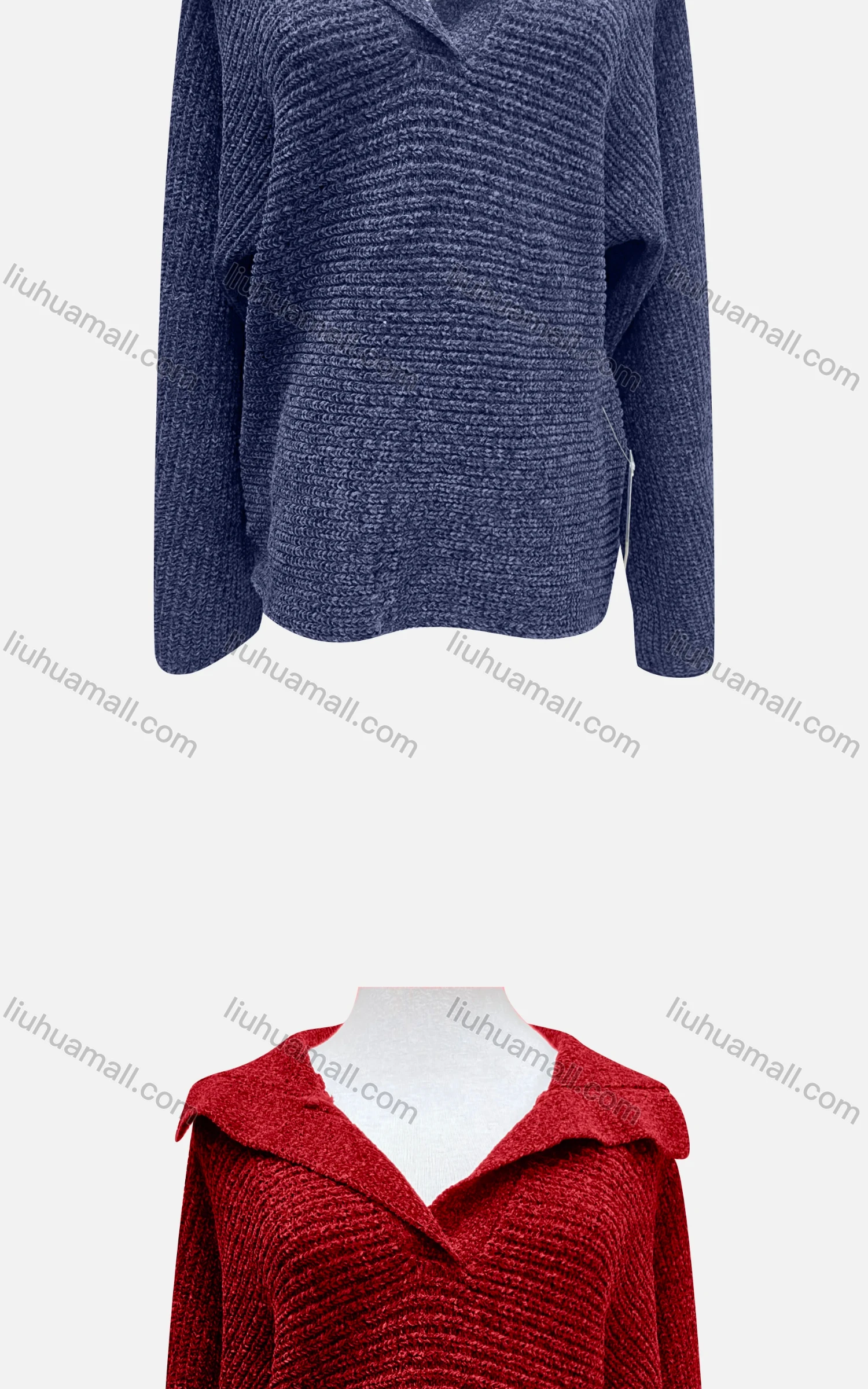 Wholesale Women's Casual Collared Long Sleeve Plain Rib Knit Sweater F2385# - Liuhuamall