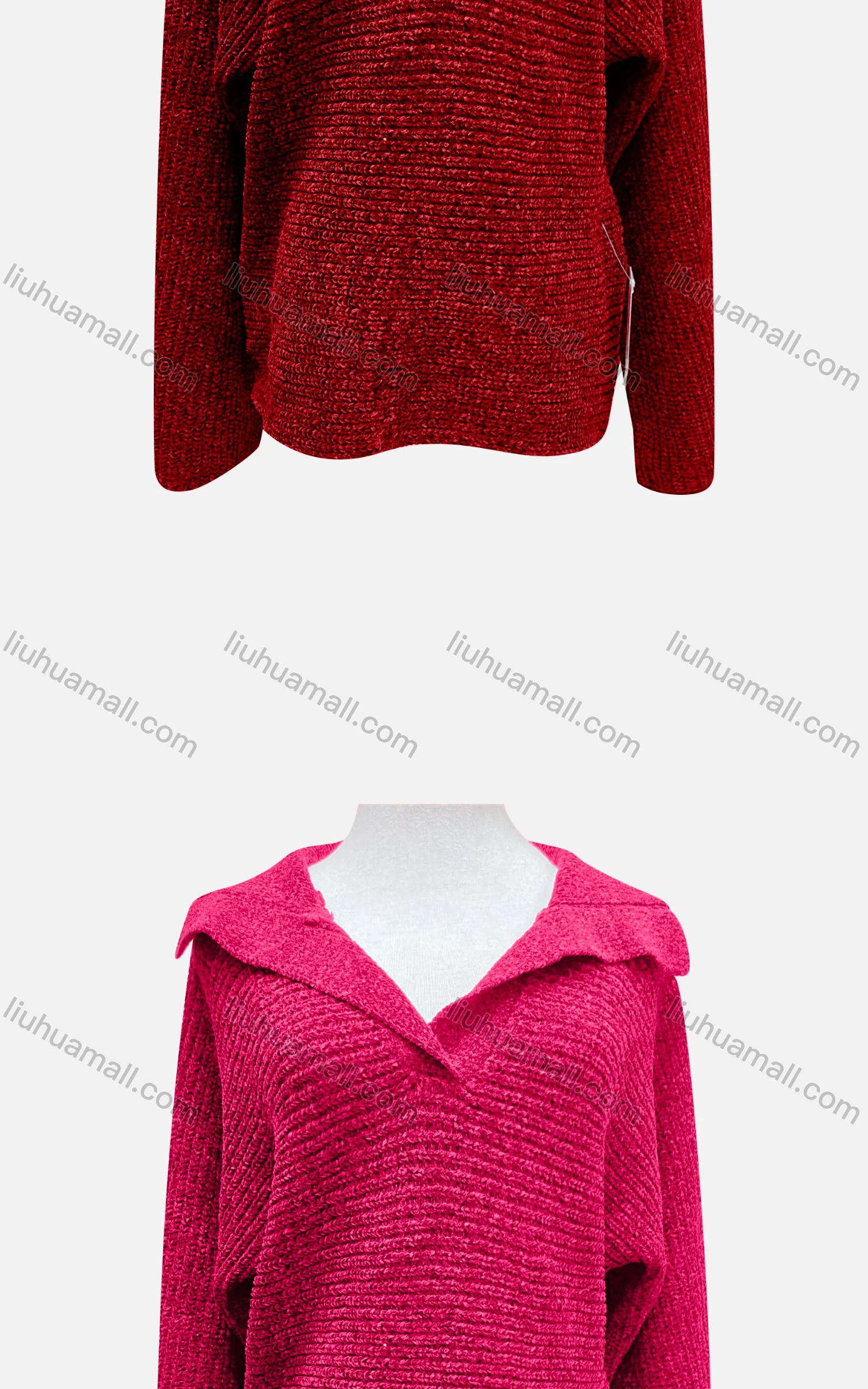 Wholesale Women's Casual Collared Long Sleeve Plain Rib Knit Sweater F2385# - Liuhuamall