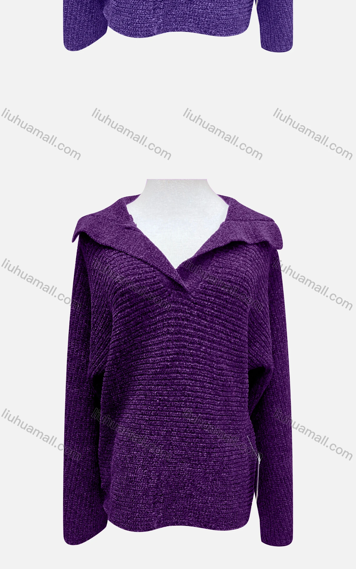 Wholesale Women's Casual Collared Long Sleeve Plain Rib Knit Sweater F2385# - Liuhuamall