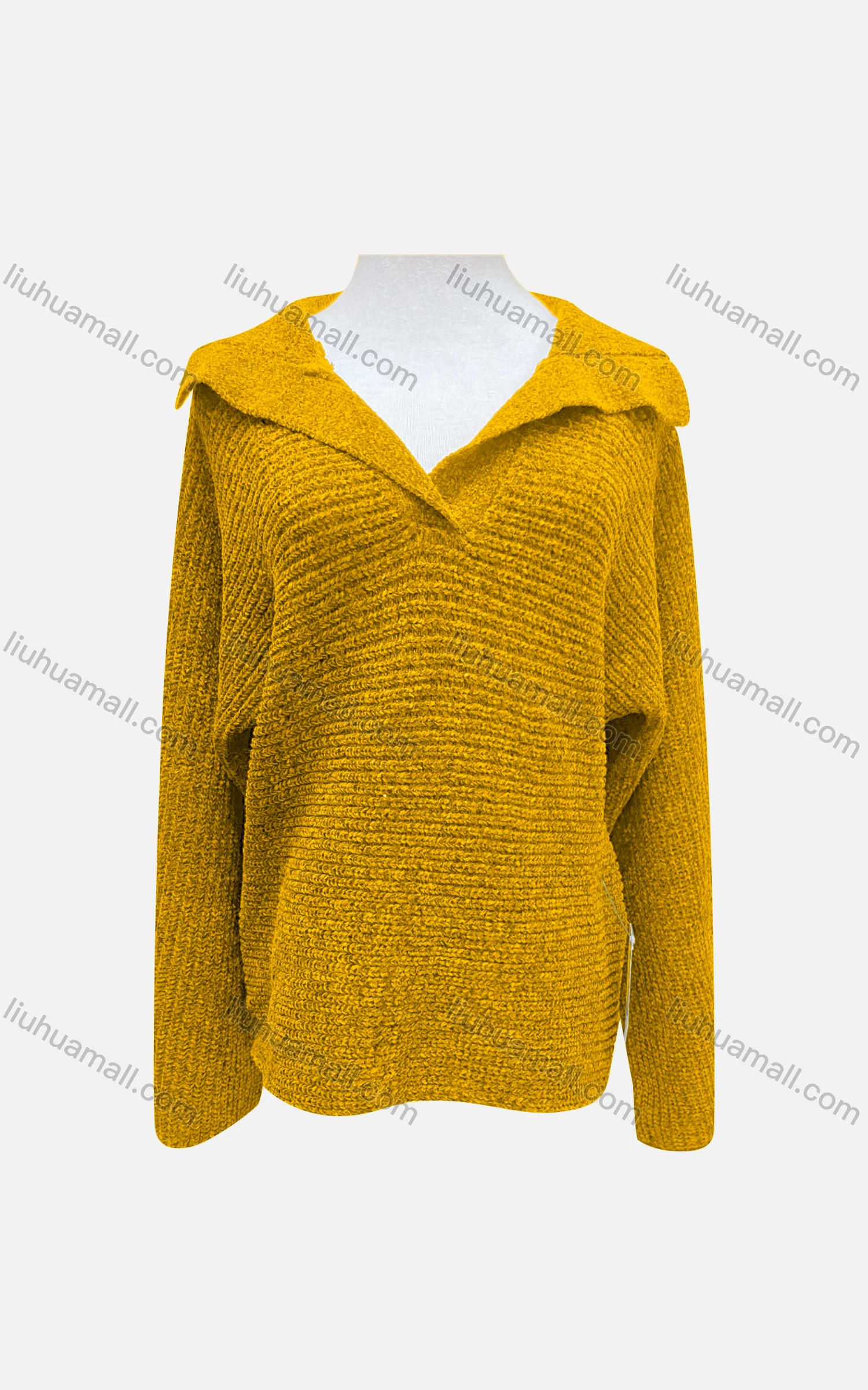 Wholesale Women's Casual Collared Long Sleeve Plain Rib Knit Sweater F2385# - Liuhuamall