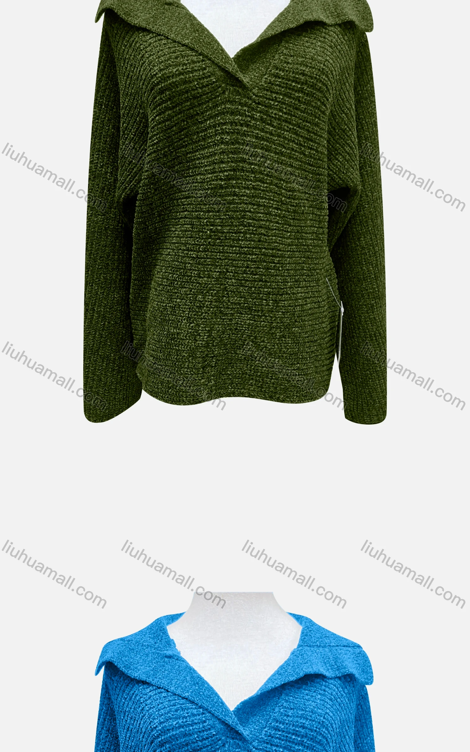 Wholesale Women's Casual Collared Long Sleeve Plain Rib Knit Sweater F2385# - Liuhuamall