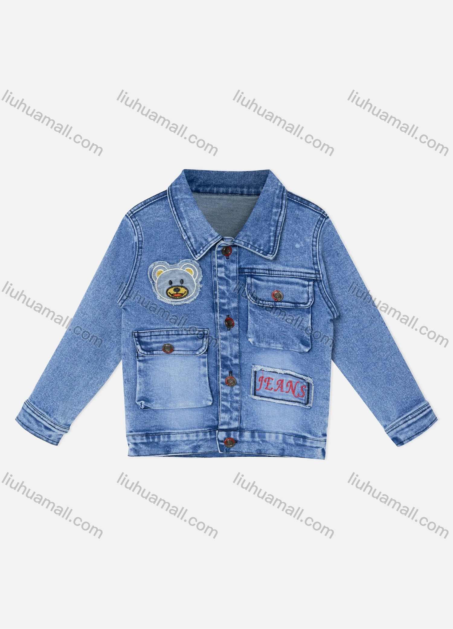 Wholesale Boy's Casual Cartoon Bear Embroidery Flap Pockets Buttons Down Long Sleeve Denim Shirt Jacket - Liuhuamall