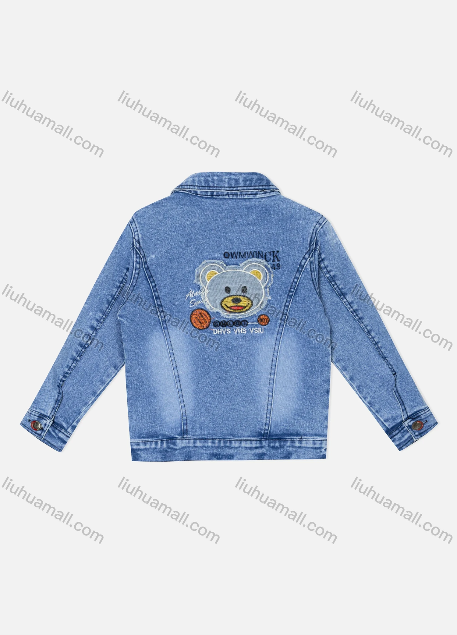 Wholesale Boy's Casual Cartoon Bear Embroidery Flap Pockets Buttons Down Long Sleeve Denim Shirt Jacket - Liuhuamall