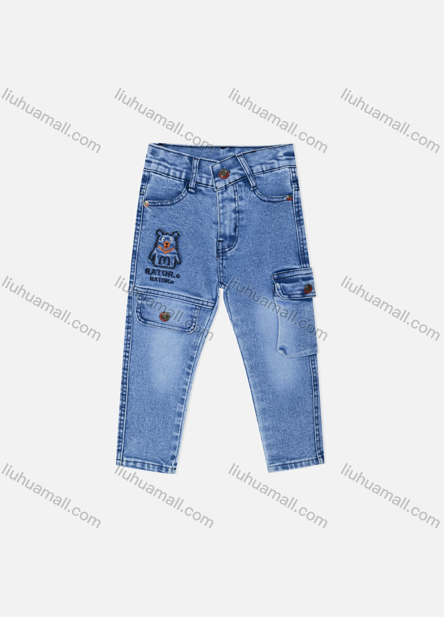 Wholesale Boy's Casual Distressed Cartoon Bear Embroidery Straight Leg Ankle Length Jean - Liuhuamall