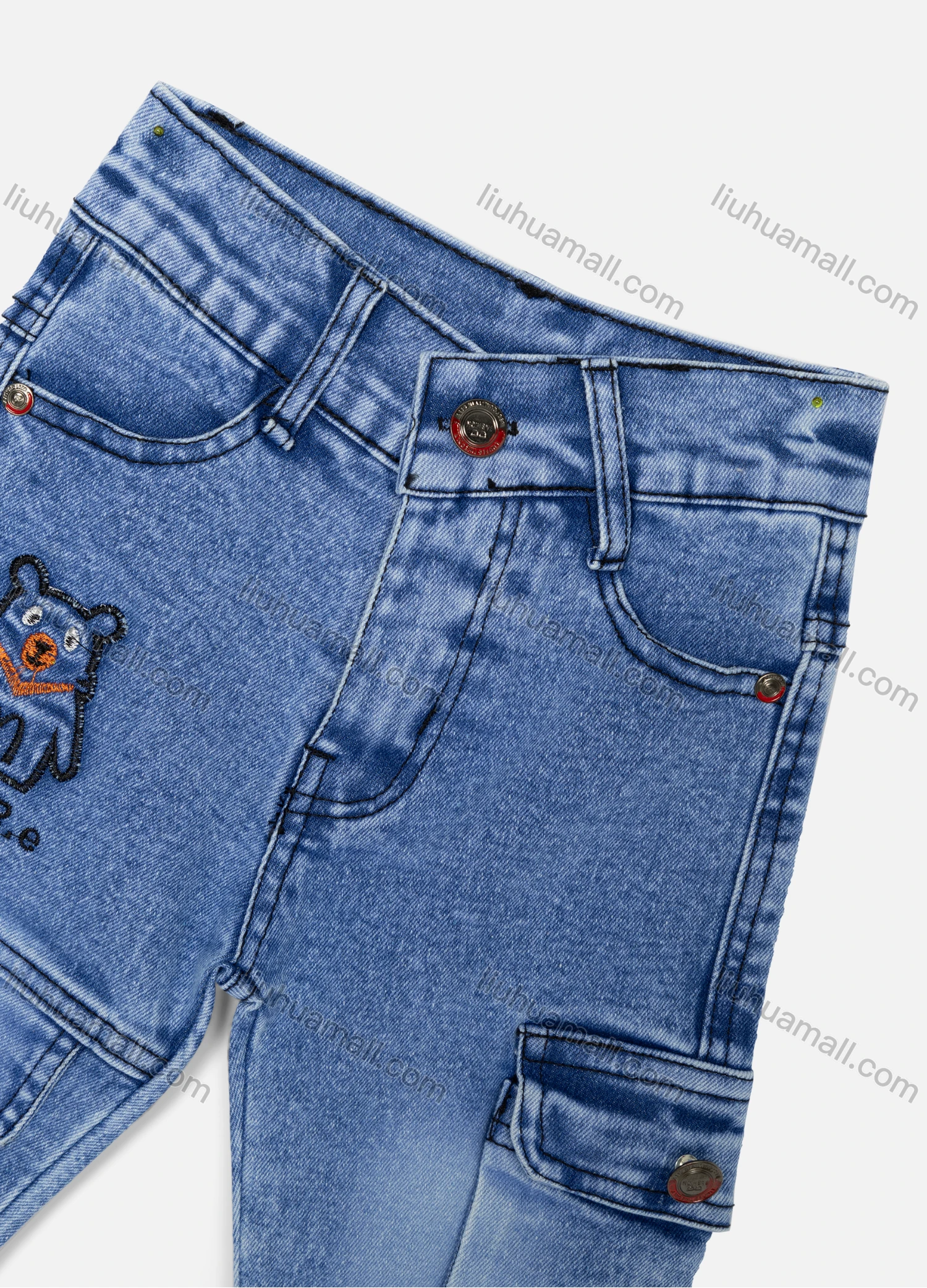 Wholesale Boy's Casual Distressed Cartoon Bear Embroidery Straight Leg Ankle Length Jean - Liuhuamall