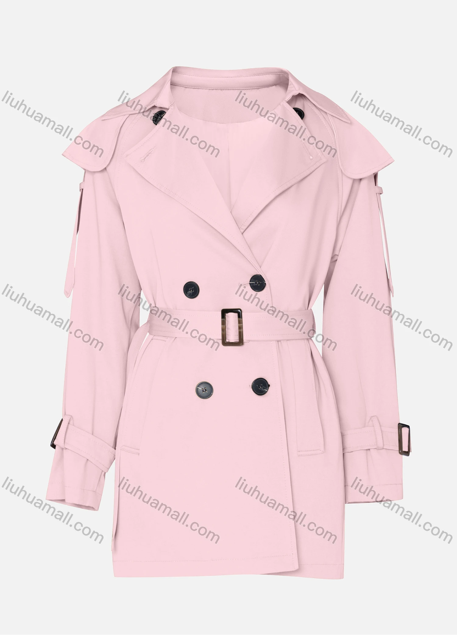Wholesale Women's Casual Plain Lapel Long Sleeve Double Breasted Trench Coat With Belt - Liuhuamall