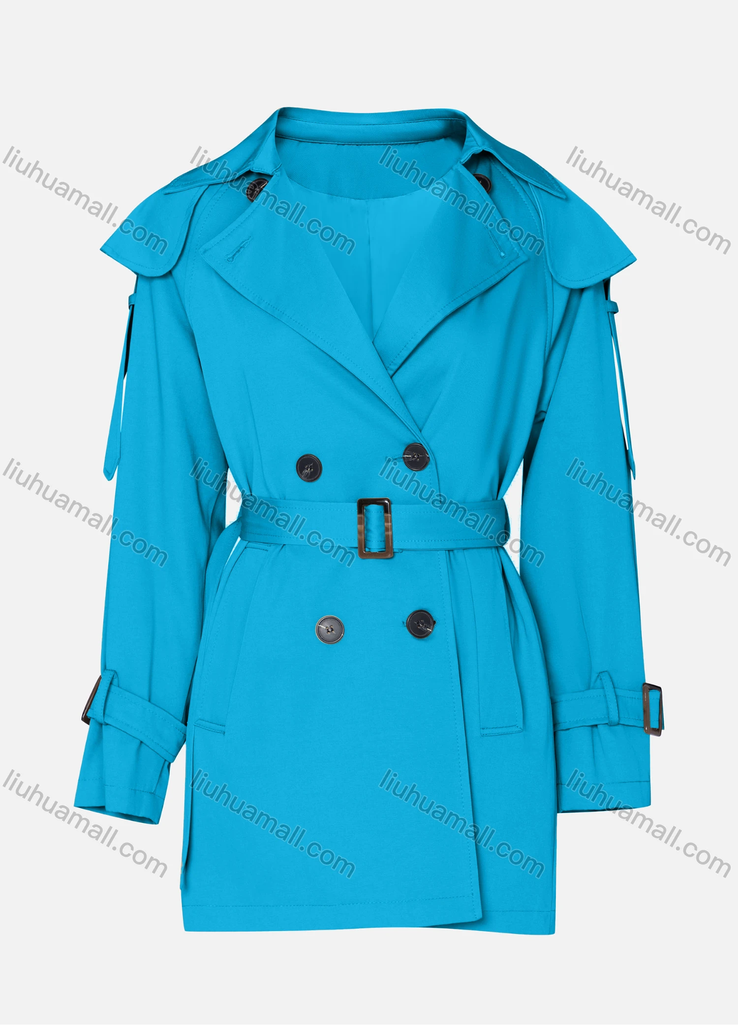 Wholesale Women's Casual Plain Lapel Long Sleeve Double Breasted Trench Coat With Belt - Liuhuamall