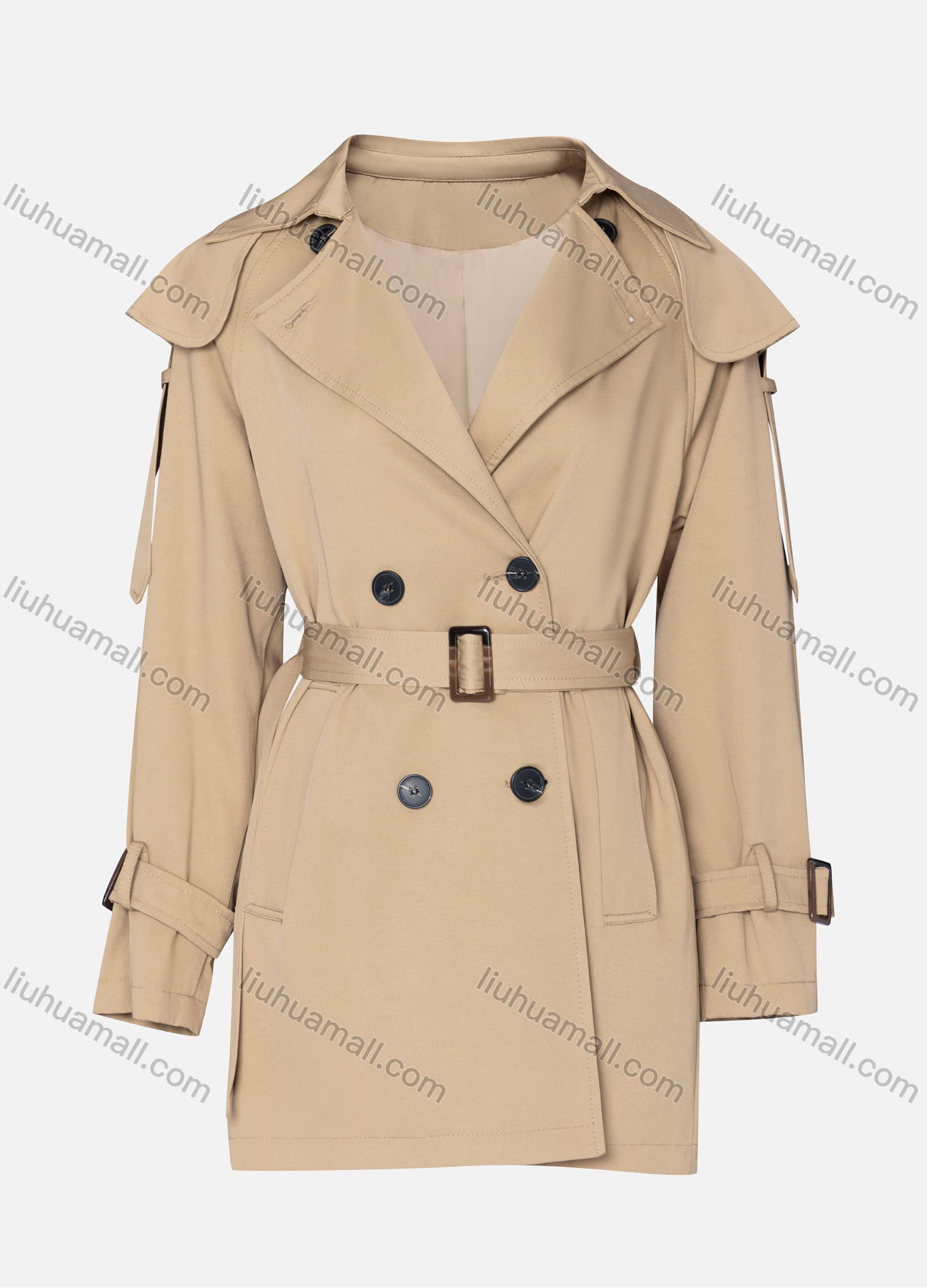 Wholesale Women's Casual Plain Lapel Long Sleeve Double Breasted Trench Coat With Belt - Liuhuamall
